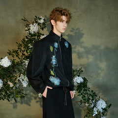 JIECHI Floral Embellished Velvet Sheer Layer Jacket