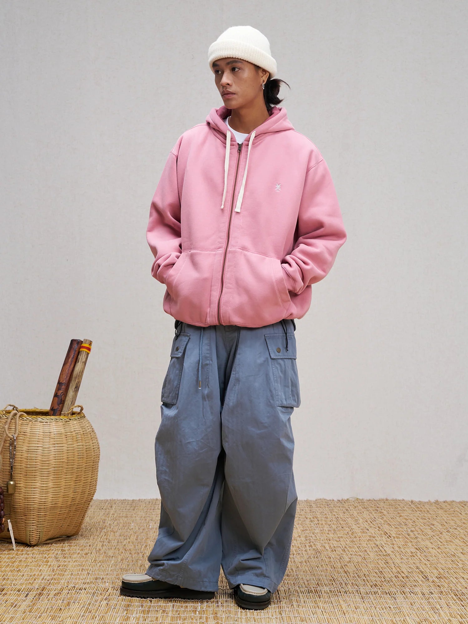 UNLIMITED MOTE Embroidered Waffle Lining Drawstring Hood Jacket