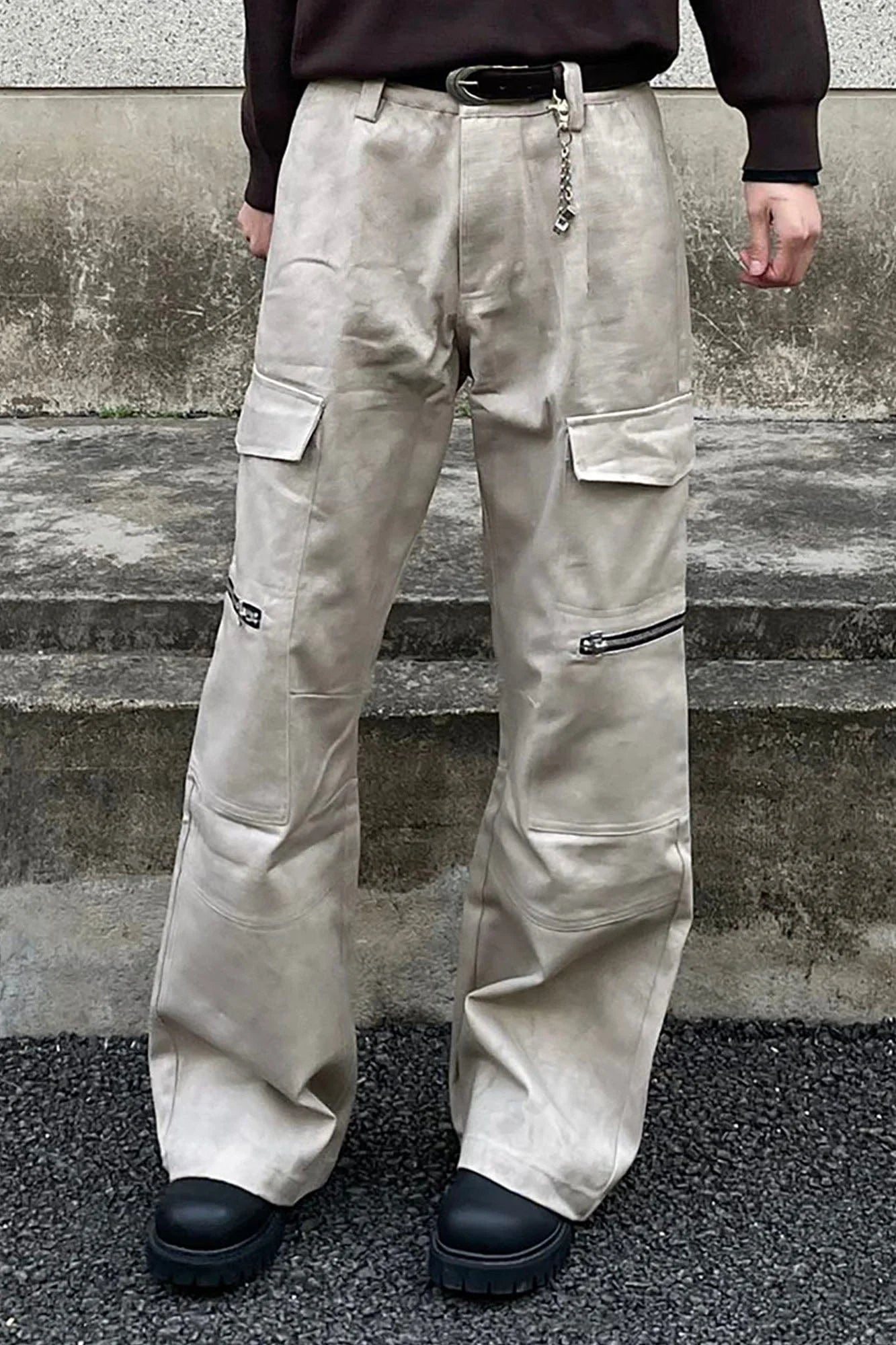 OKAYTHXBYE Muted Marble Multi-Pocket Panel Flared Cargo Pants