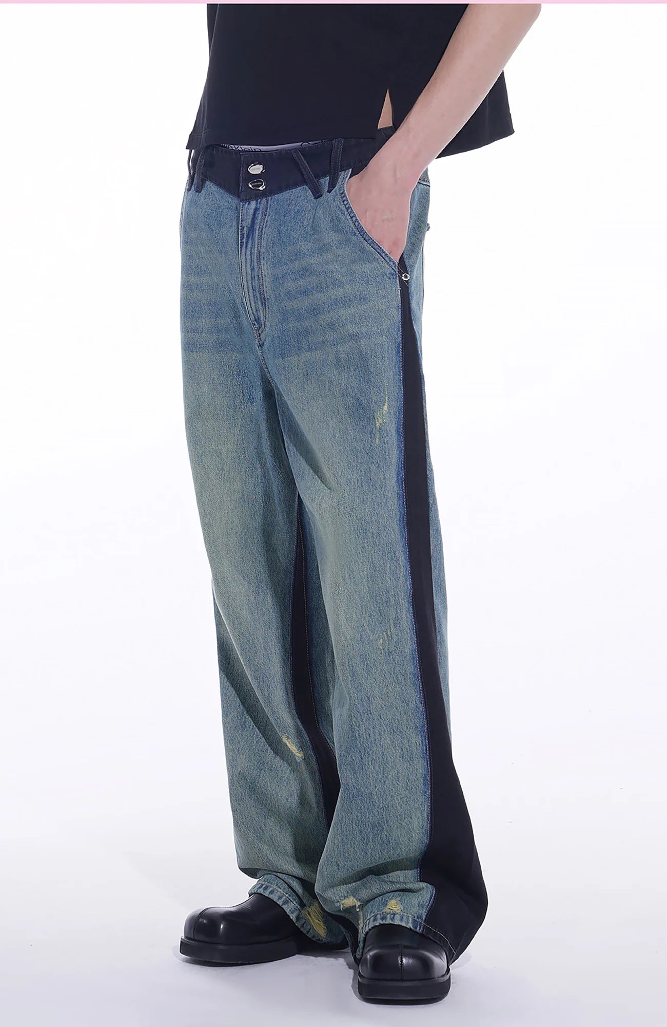 TIWILLTANG Distressed Contrast Paneled Wide-Leg Jeans