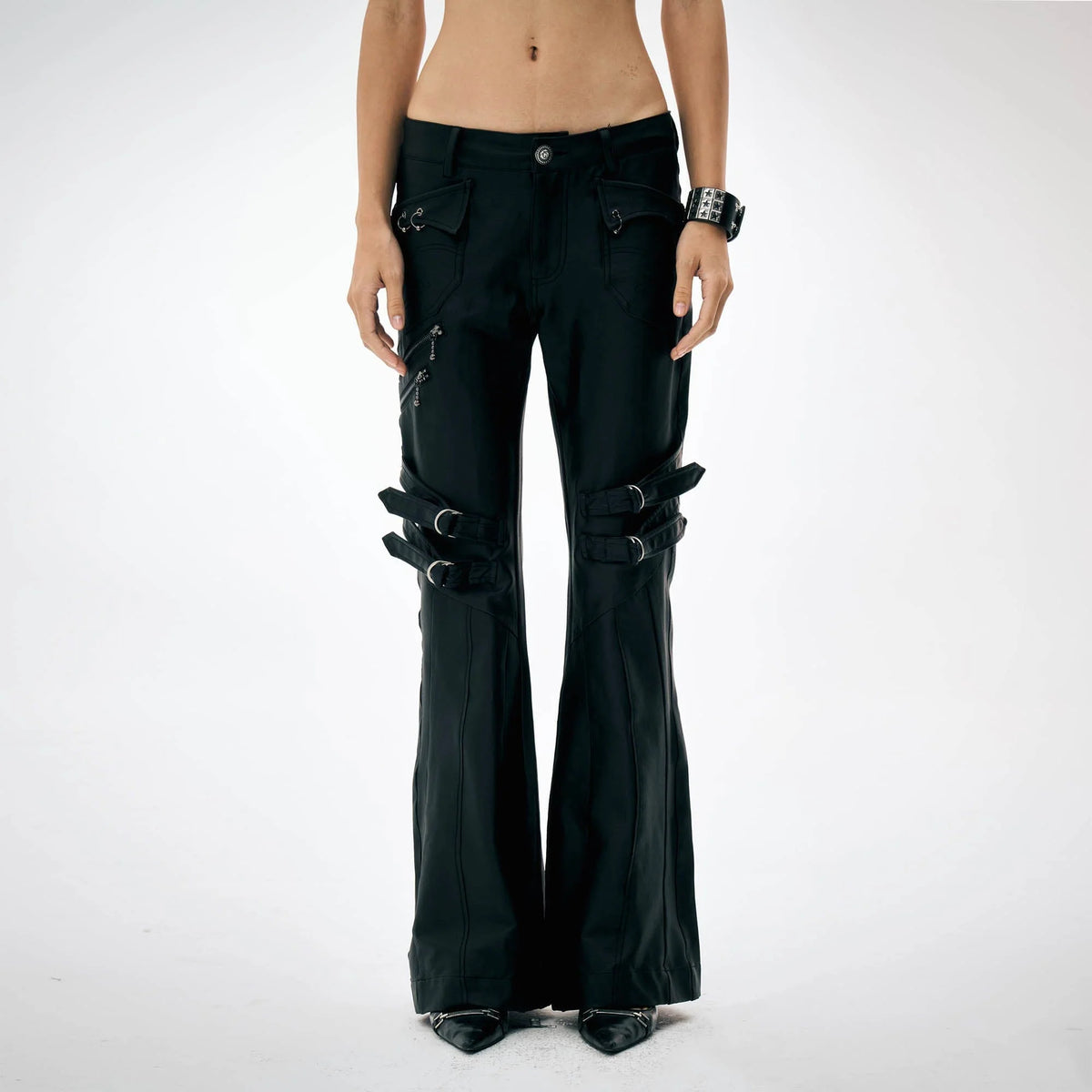 DND4DES×Faychui Waxed Strapped Flared Pants