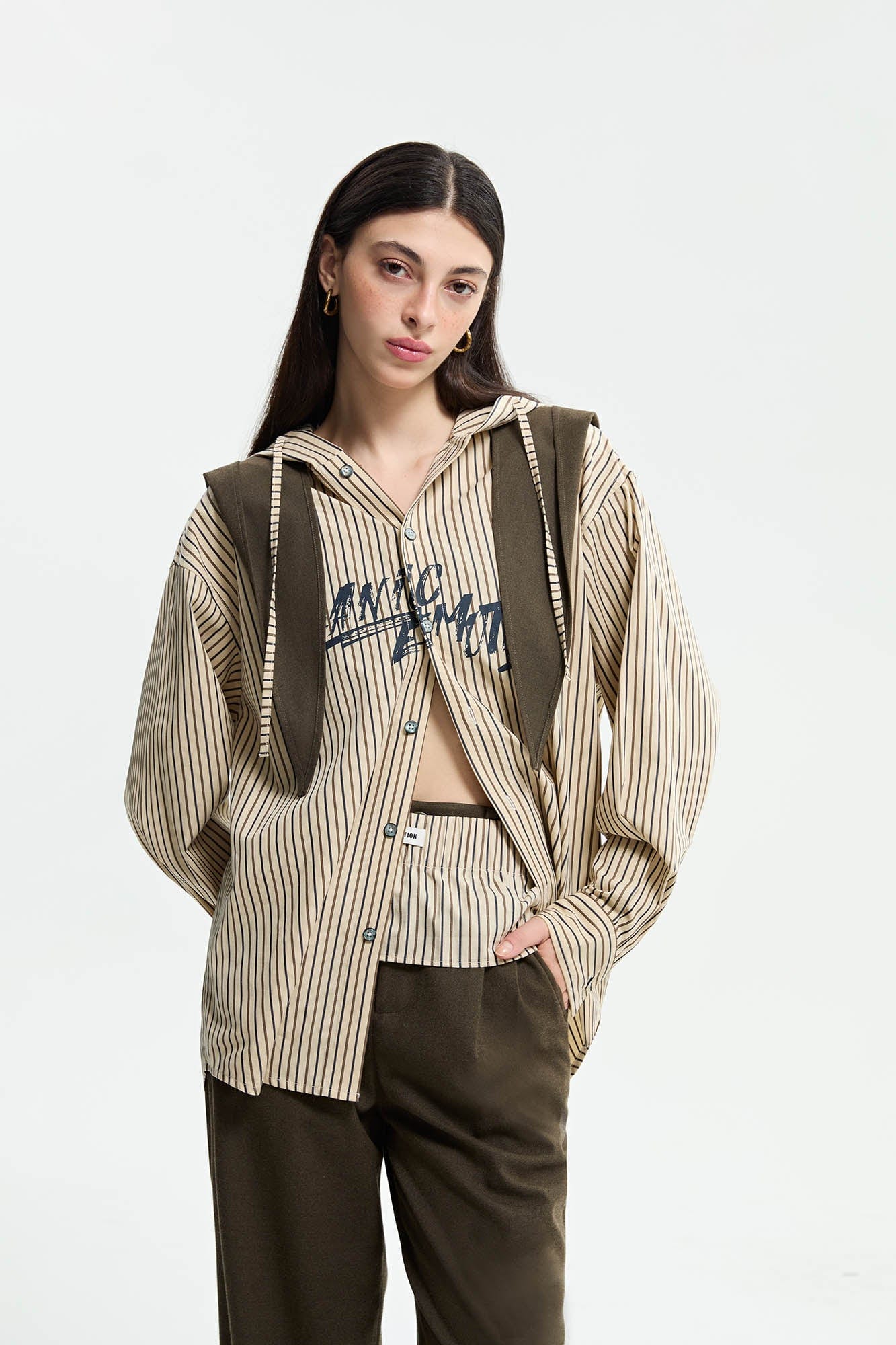 ORGANIC EMOTION Striped Drawstring Hooded Shirt
