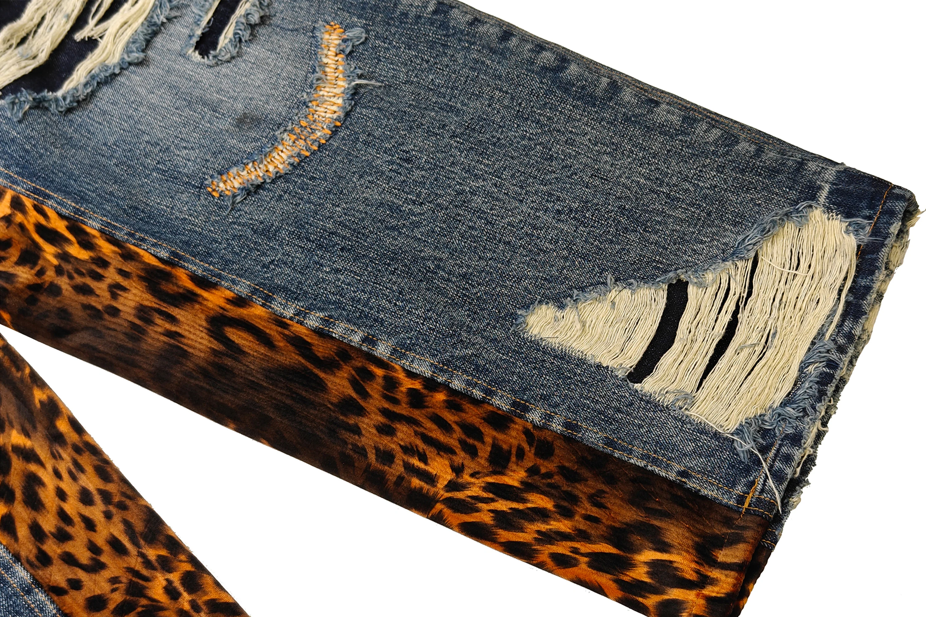 FACEONLAB Distressed Patch Leopard Paneled Jeans