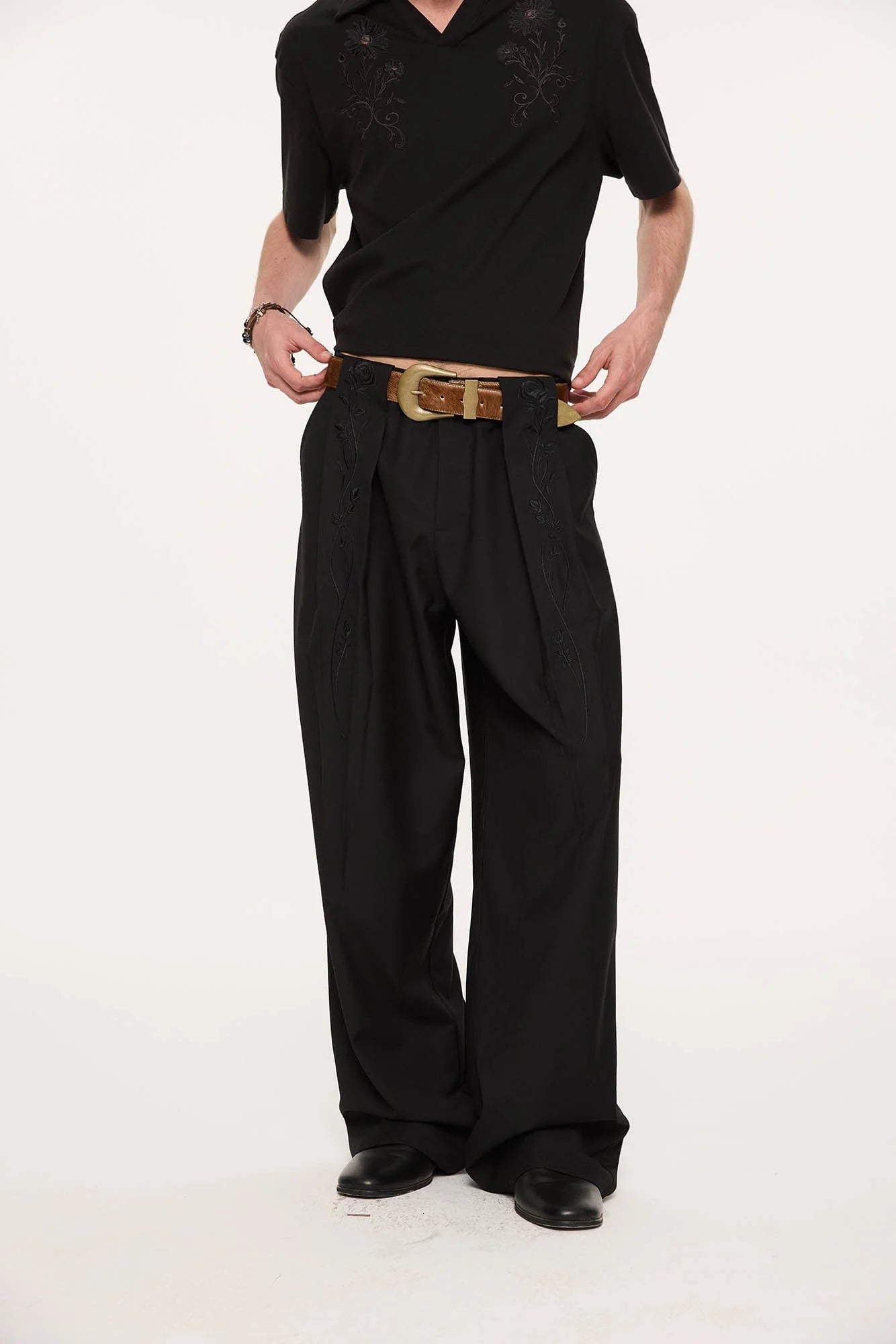 KREATE Rose Embroidered Pleated Straight-Leg Trousers
