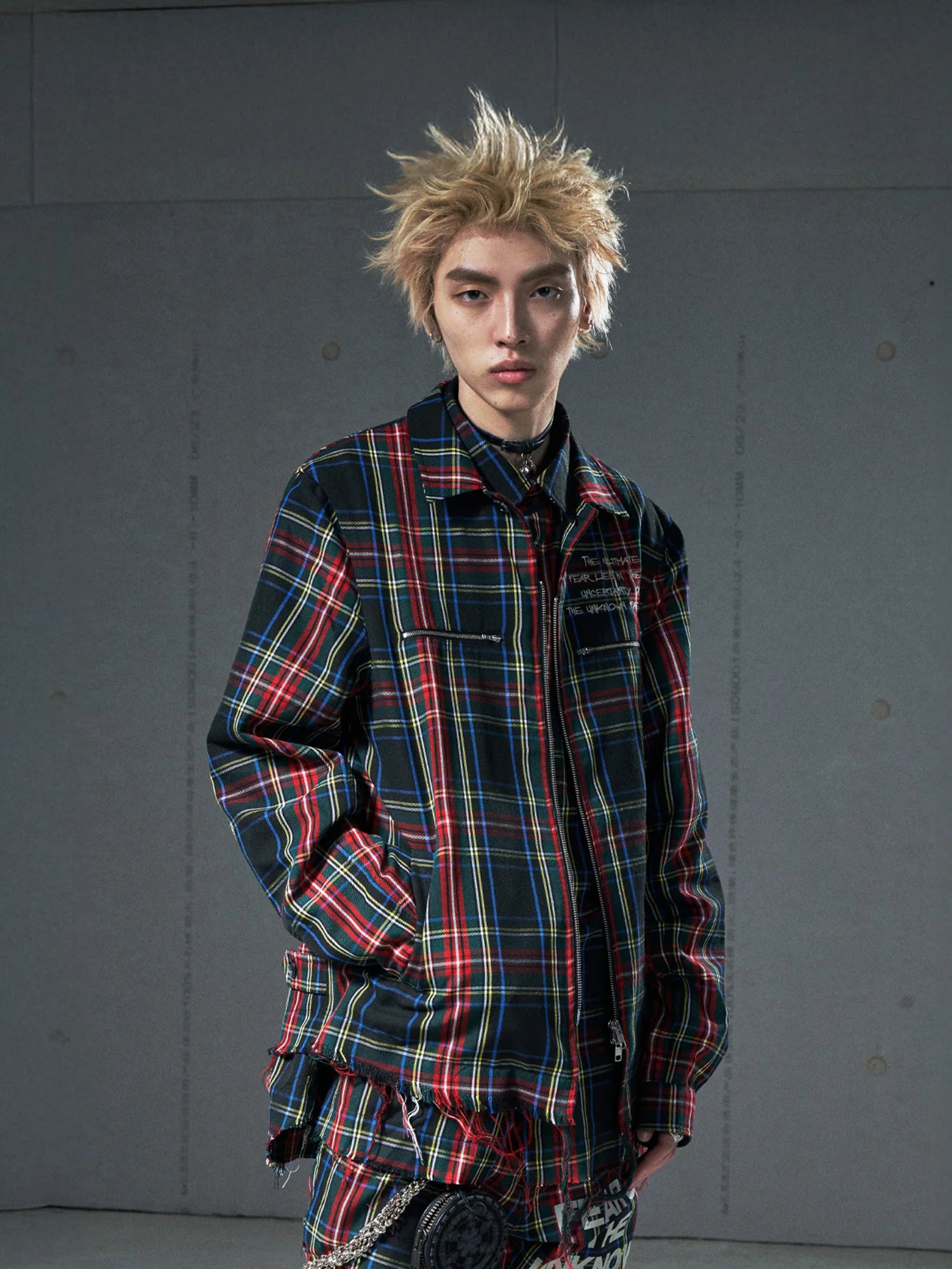 VENTUREK Punk Frayed Plaid Embroidered Jacket