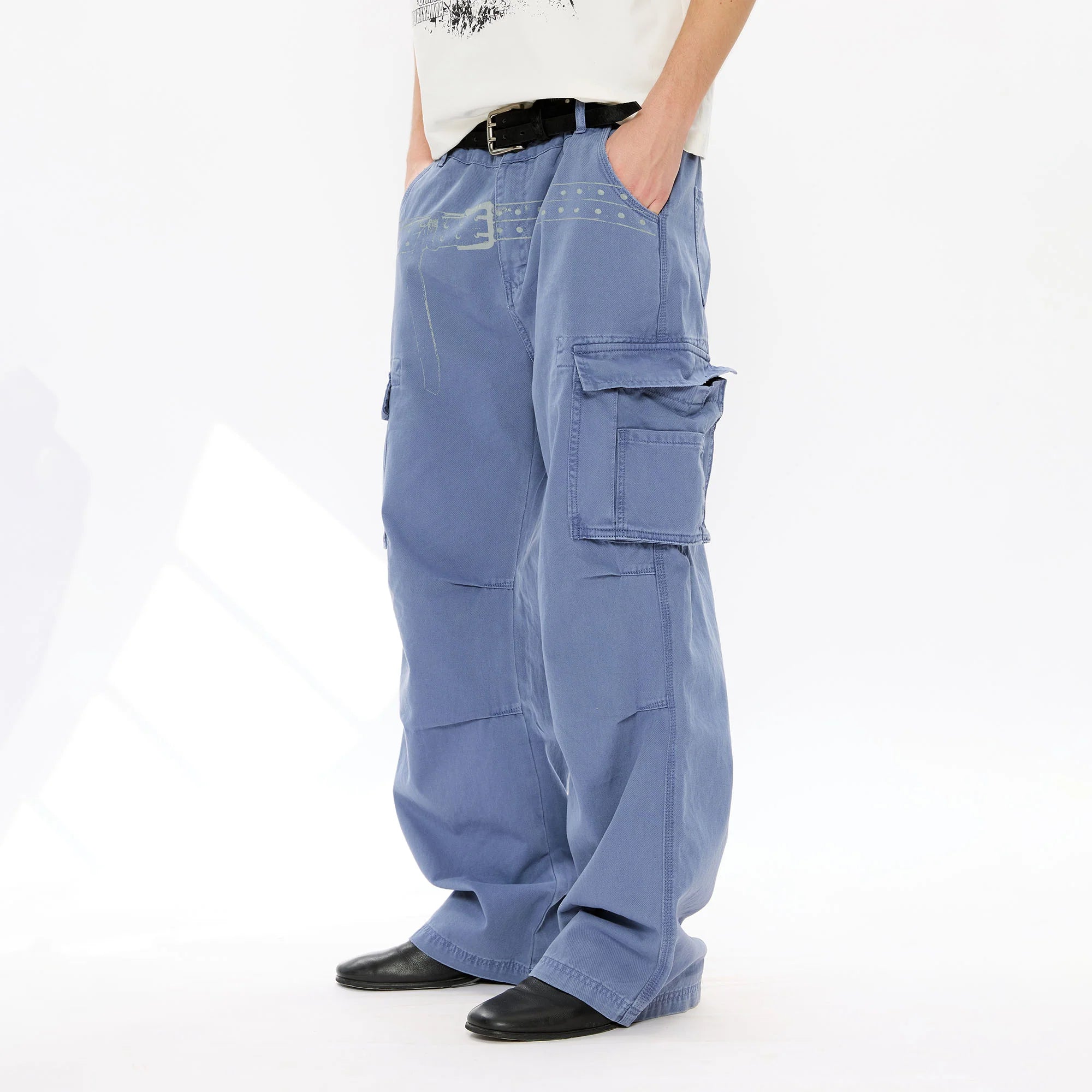 KREATE Washed Belt Graphic Crinkled Cargo Pants