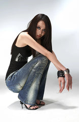PCCVISION Washed Flap Pockets Slim Flared Jeans