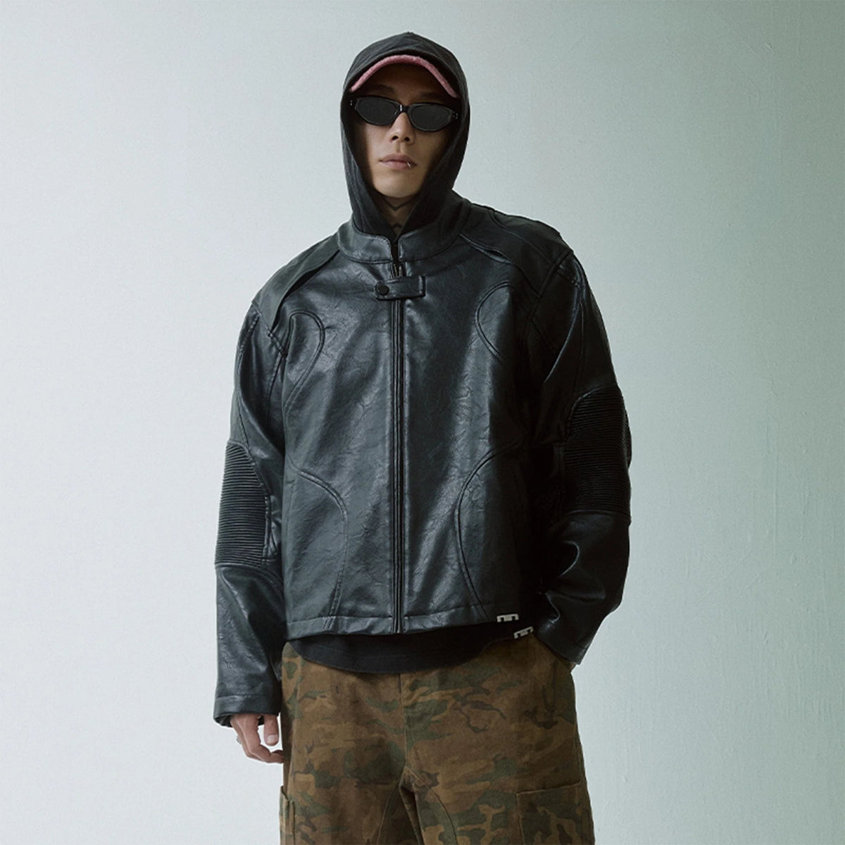 F2CE Modern Deconstructed Faux Leather Biker Jacket Black