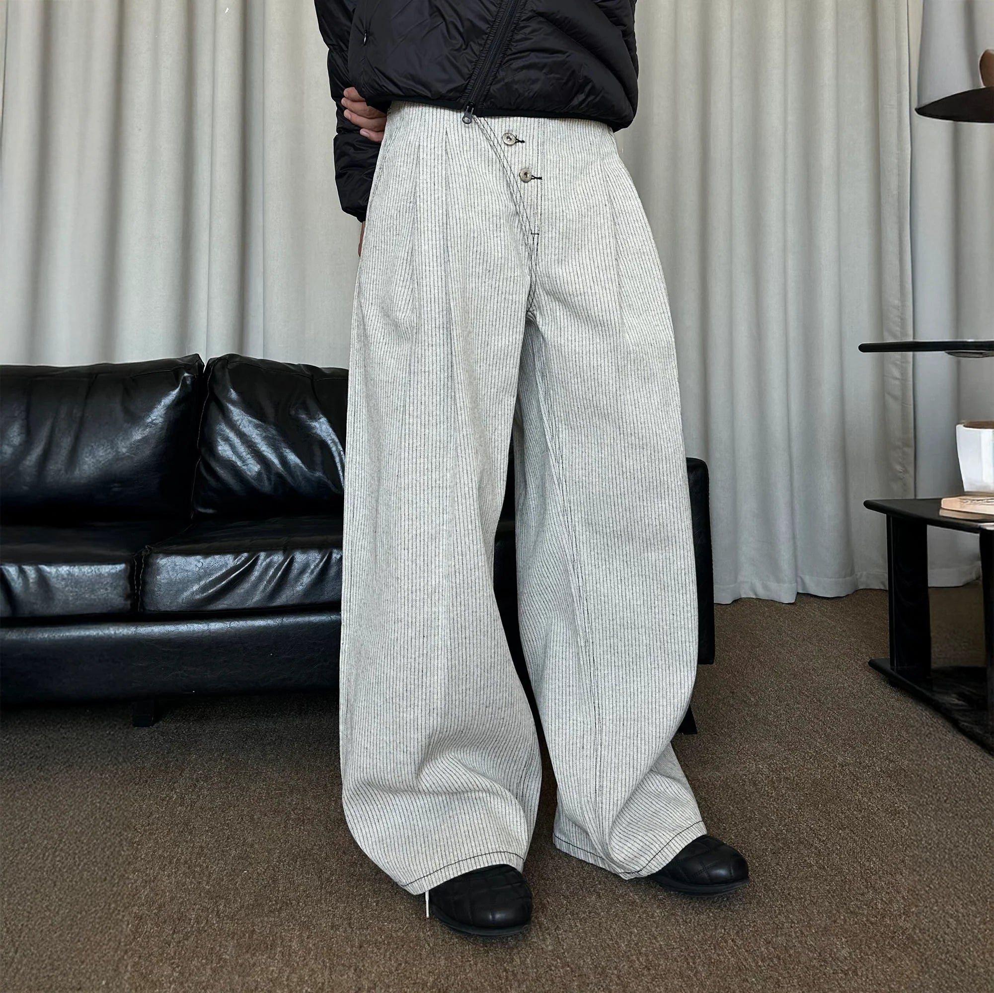 KREATE Asymmetric Button-Up Pleated Jeans