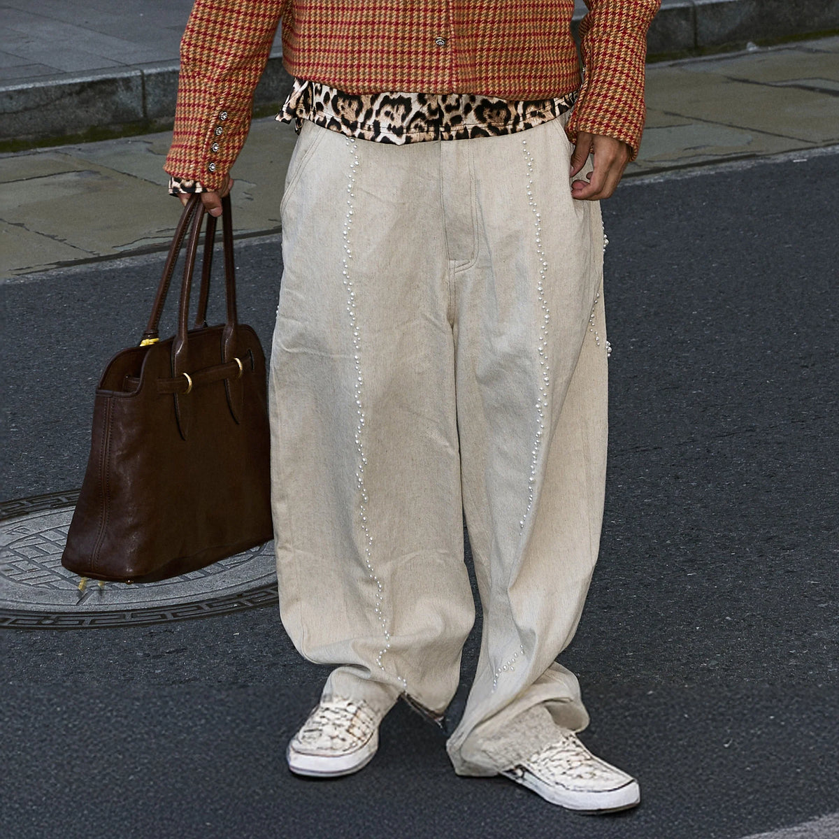 STEEPC Pearl Embellished Linen-Blend Wide-Leg Trousers