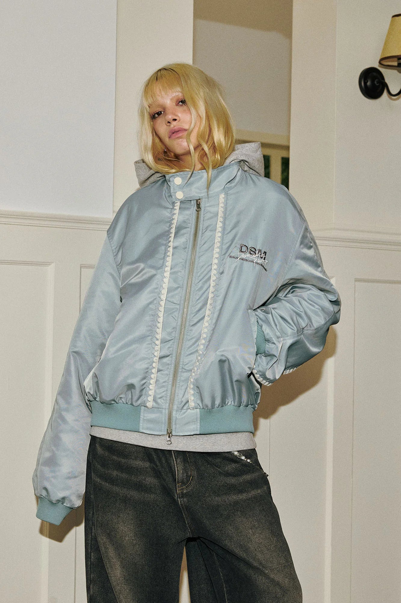 DONSMOKE Glossy Contrast Whipstitch Bomber Jacket