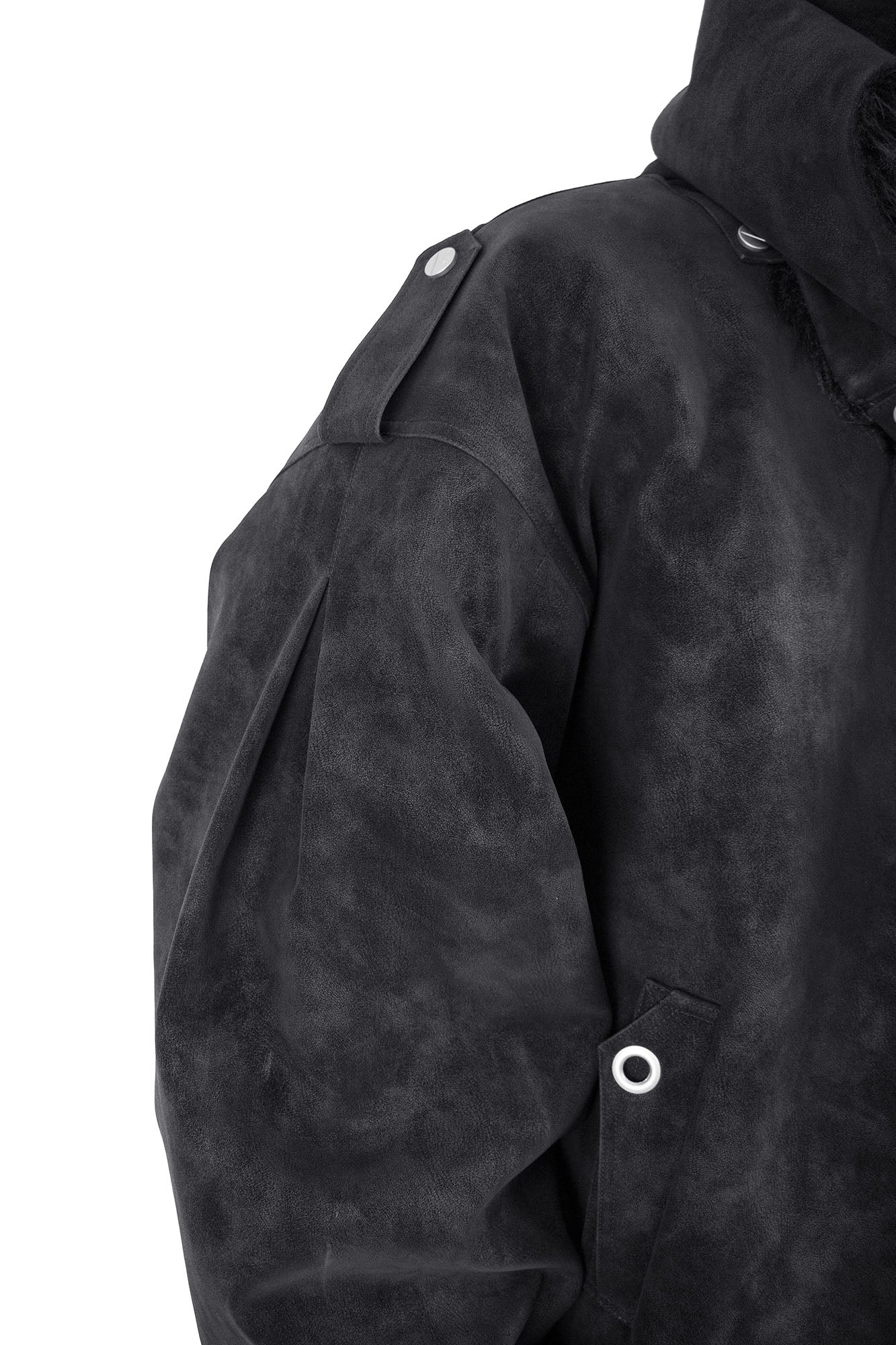 RELABEL Detachable Plush Scarf Hooded Suede Jacket Black