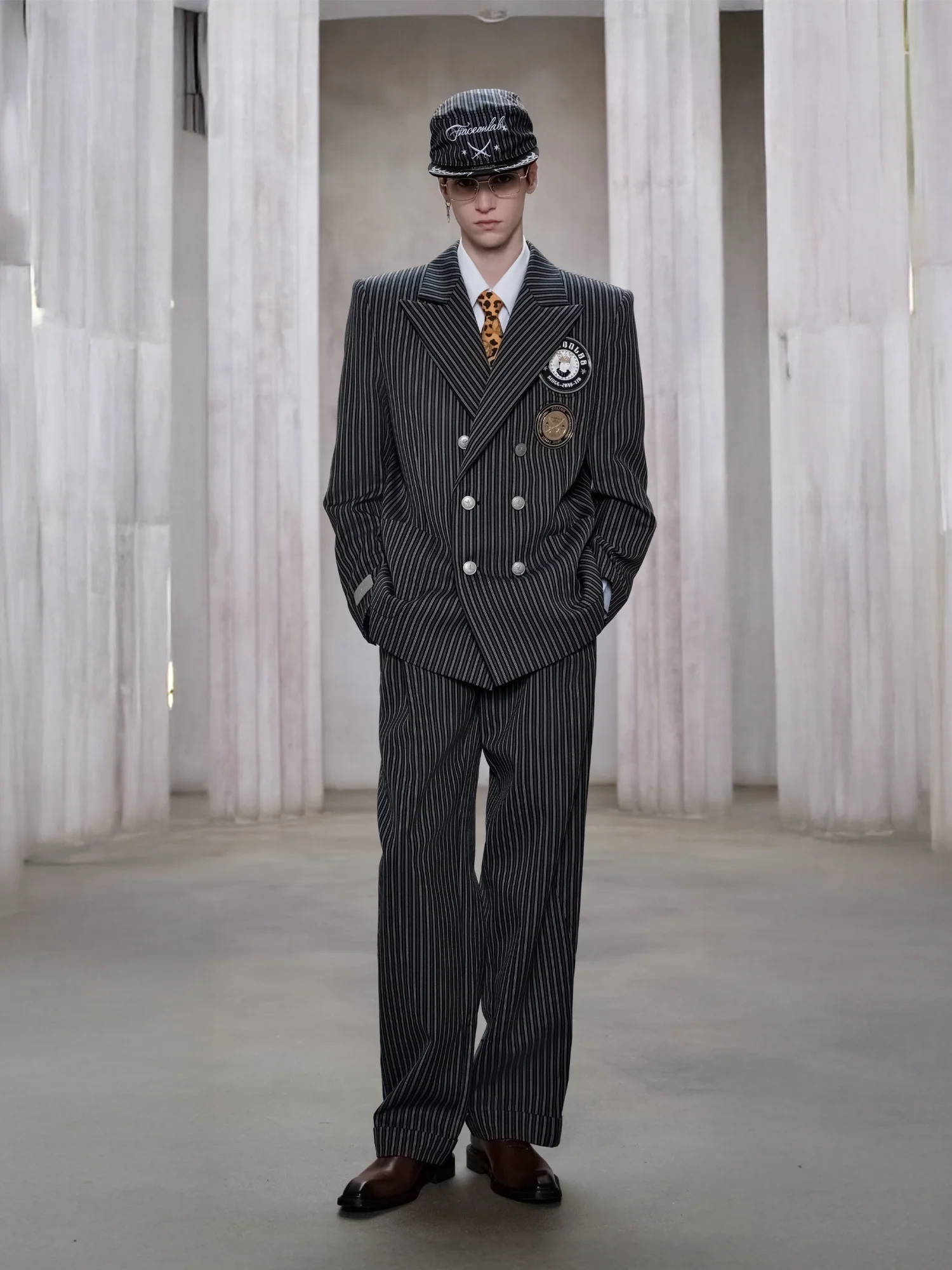 FACEONLAB Classic Striped Wool Pleated Tailored Trousers