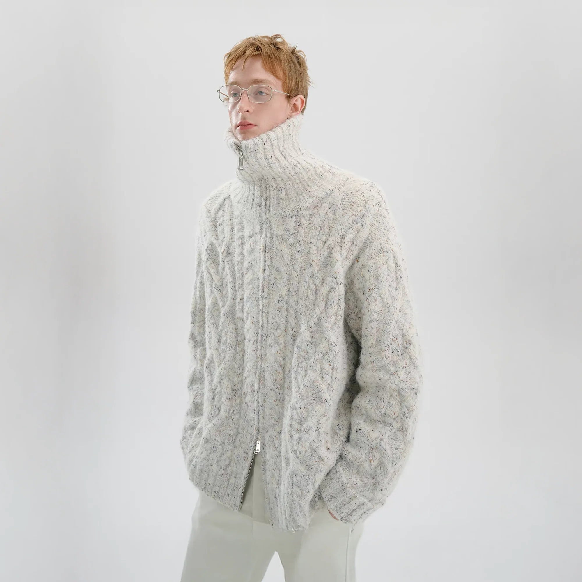 TIWILLTANG Dual-Zipper Cable Knit Funnel Sweater