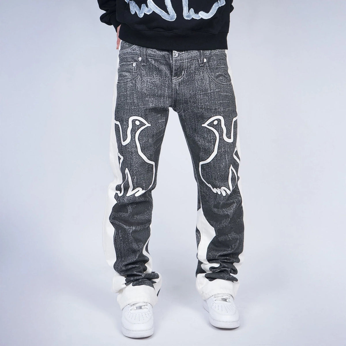 VINKID Faux-Layered Dove Graphic Contrast Panel Jeans