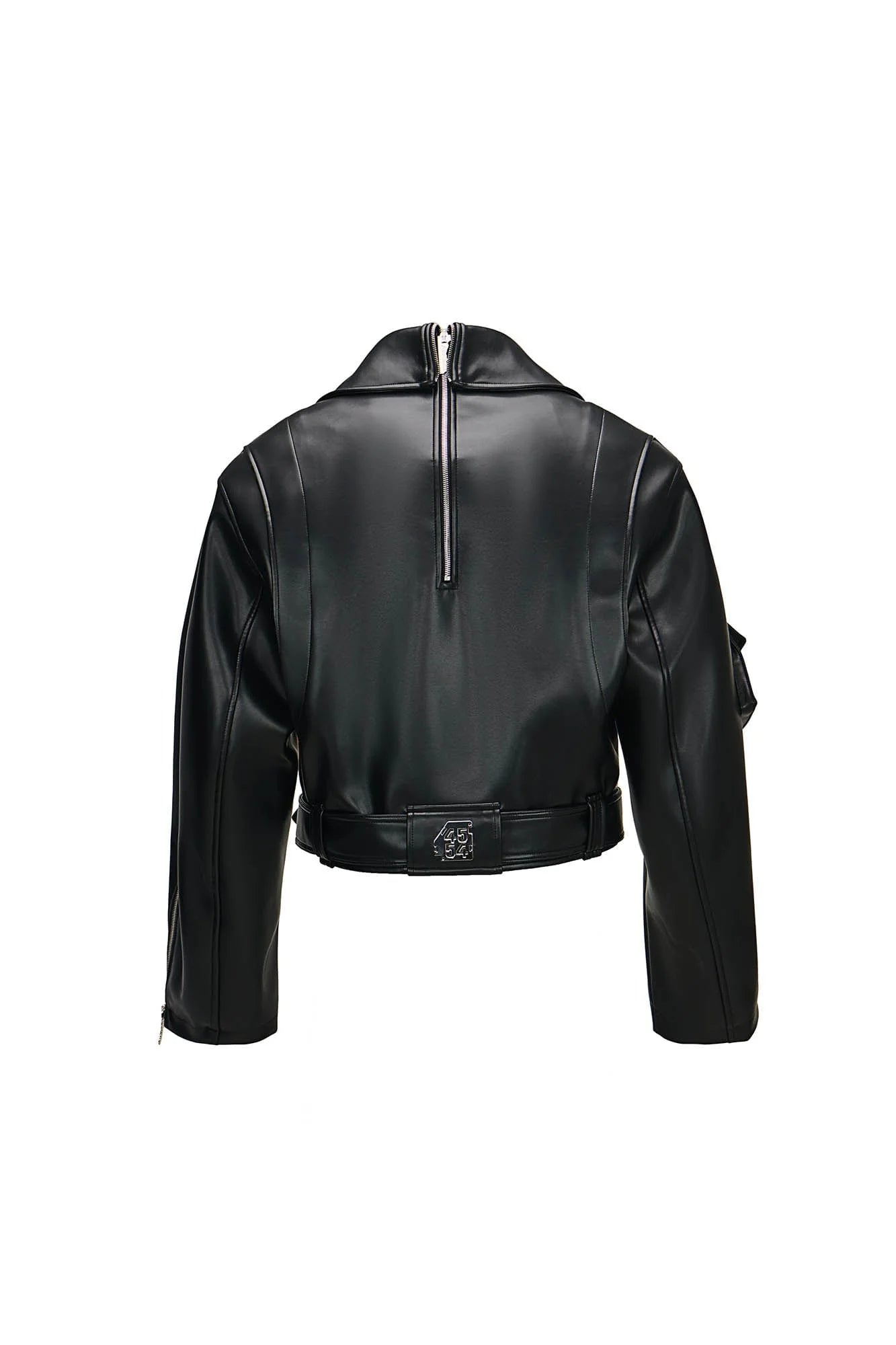 455EMBLE Asymmetrical Back-Zip Cropped PU Biker Jacket