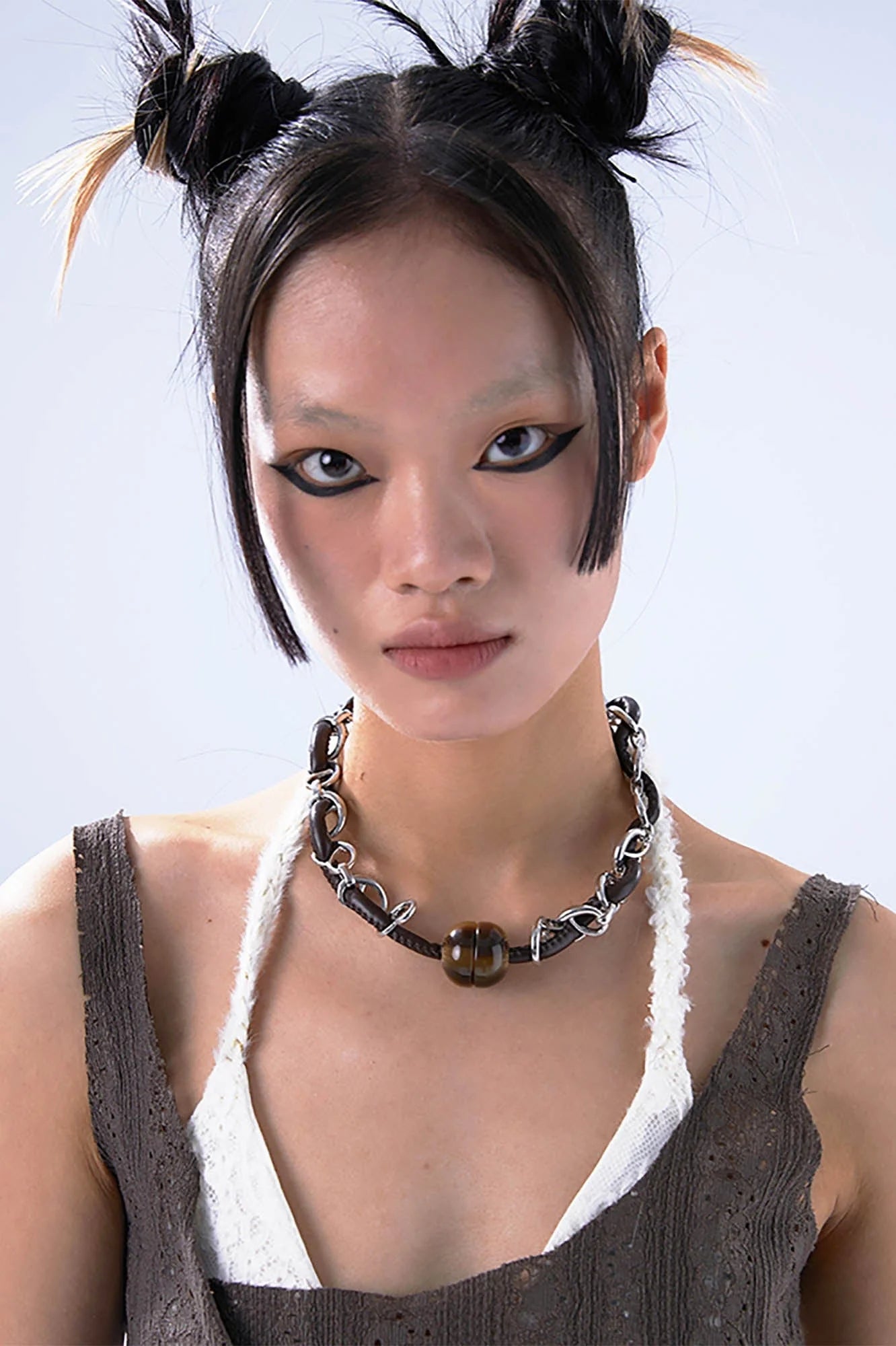 SCHWARZGOLD Leather Cord & Chain Snap Bead Necklace