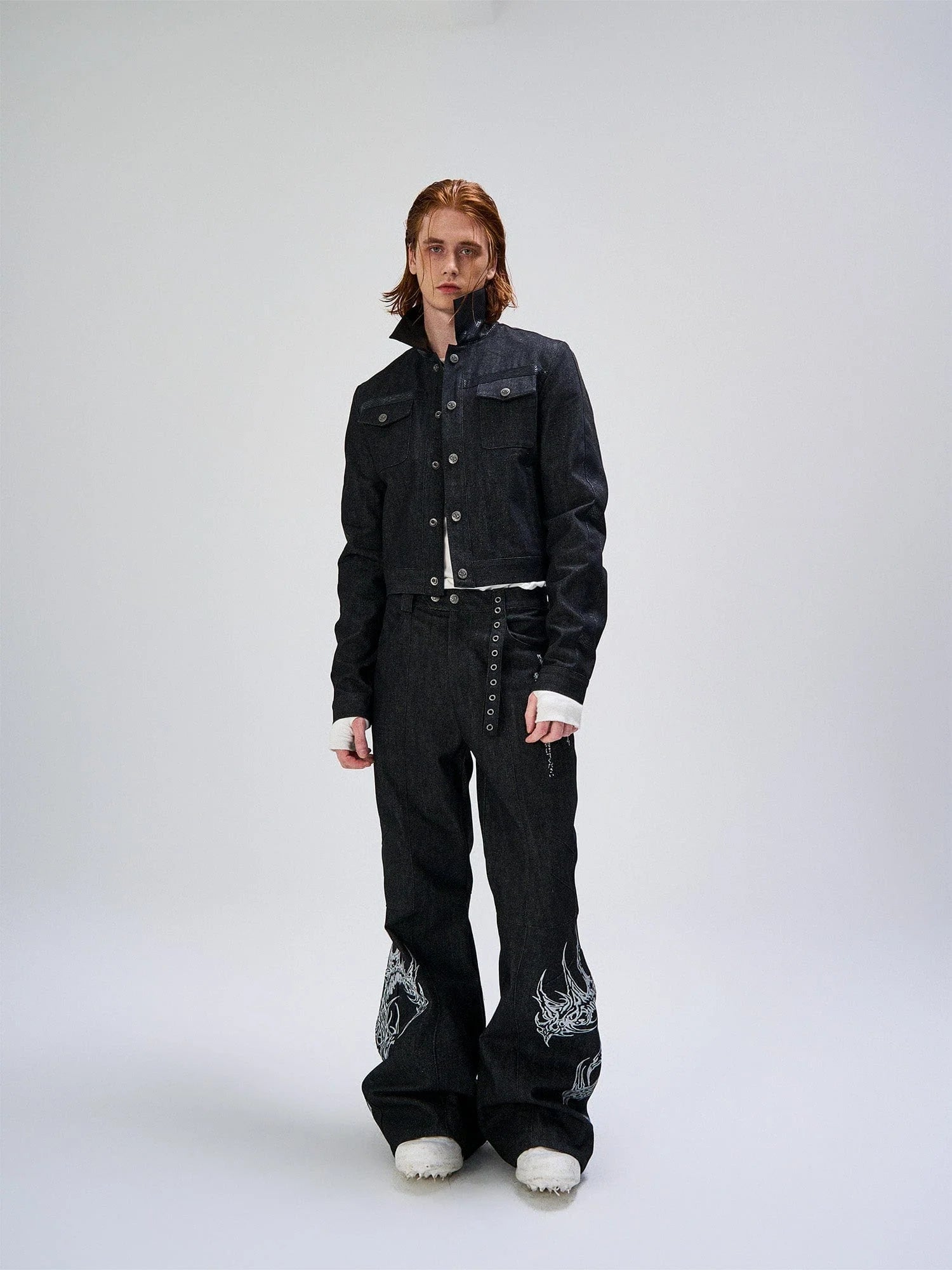 FLYERRER Abstract Graphic Flared Raw Jeans