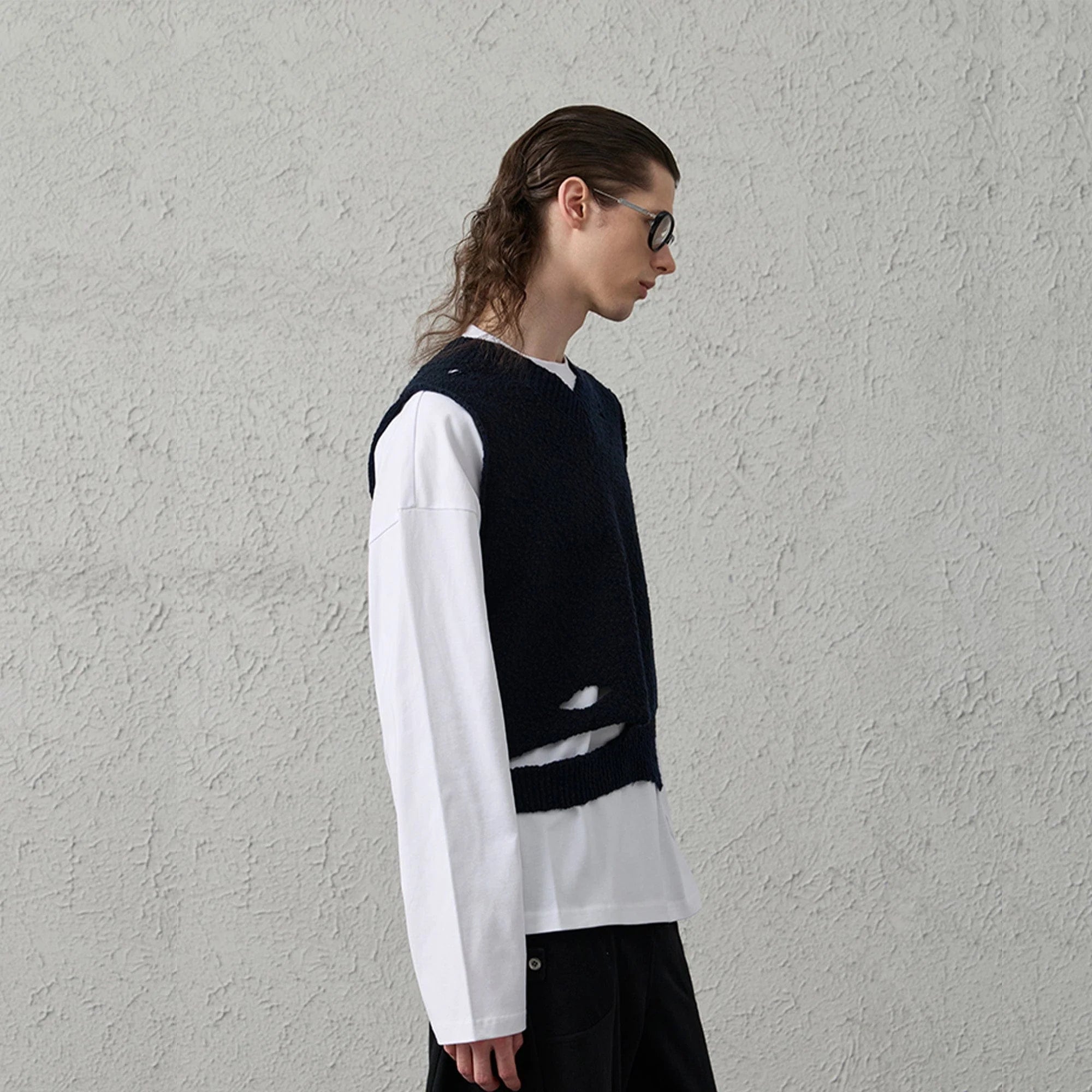 ORGANIC EMOTION Asymmetrical Distressed Bubble-Knit Vest