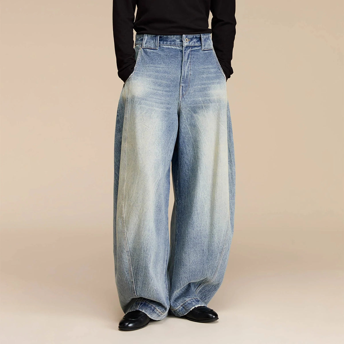 OPICLOTH Distressed Spliced Barrel-Leg Jeans