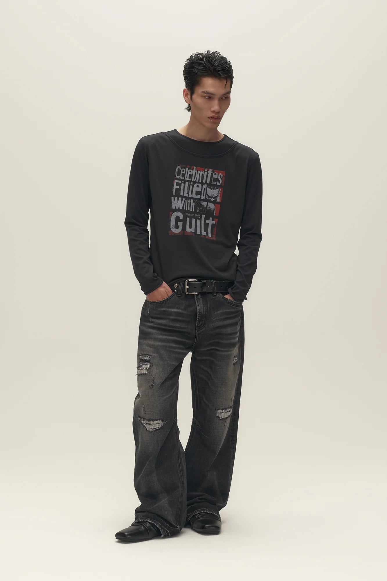 SAVAGEGROWTHWORLD Graphic Double-Layer Neckline Long-Sleeve Tee