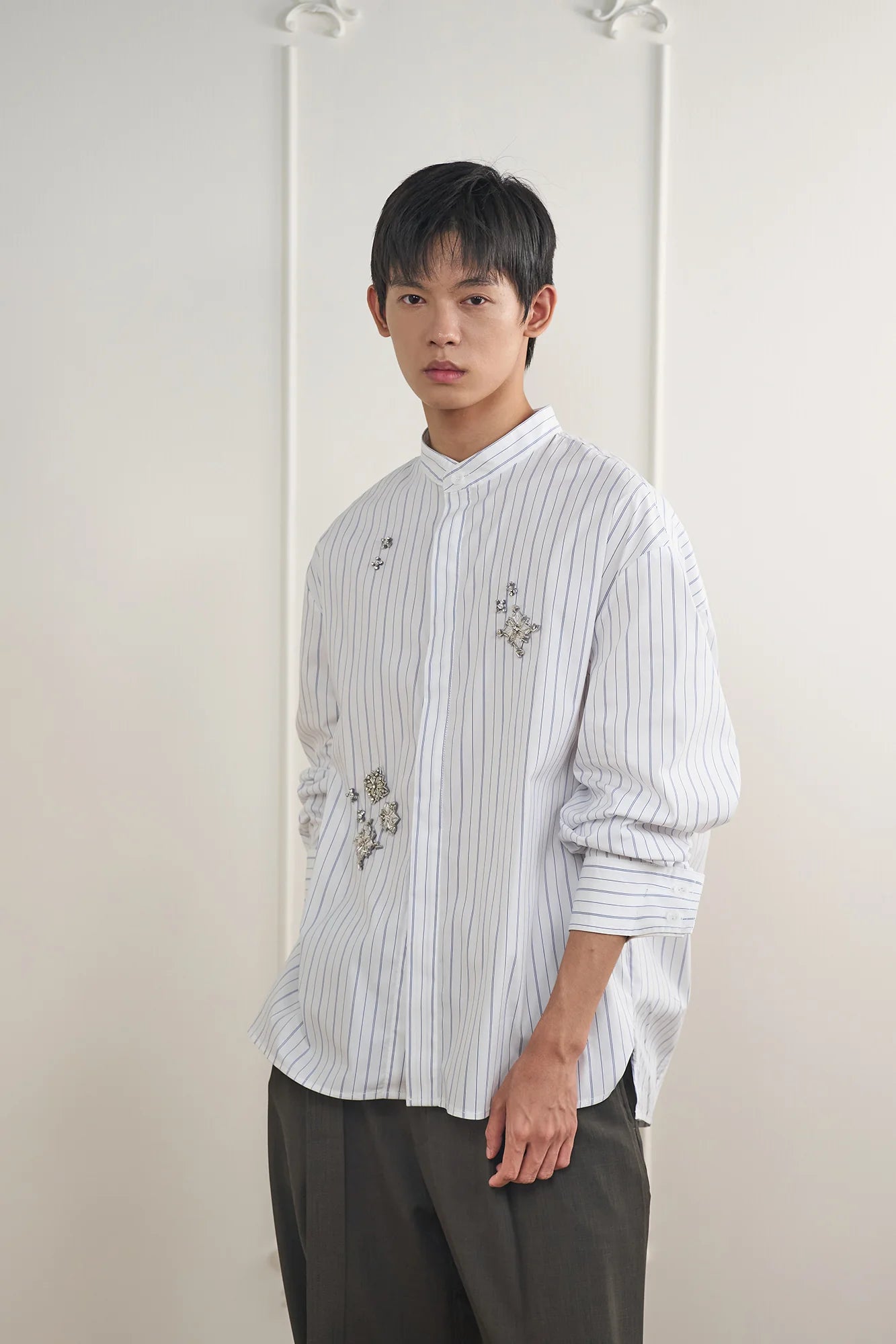 ORAL UTOPIA Silver Embellished Striped Mandarin Collar Shirt