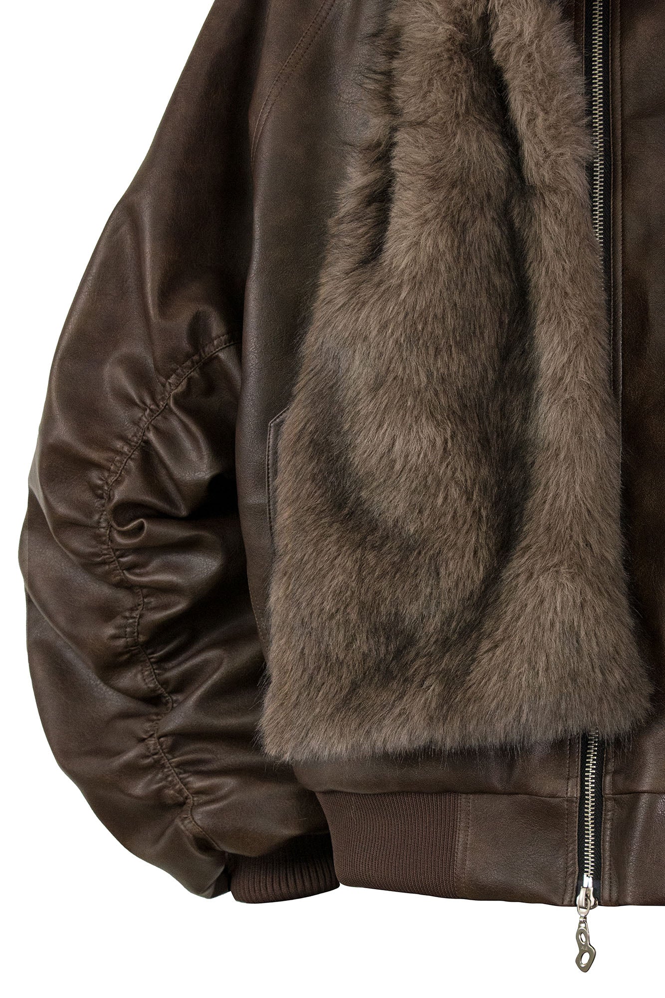 RELABEL Detachable Plush Scarf Ruched Hooded Jacket Brown