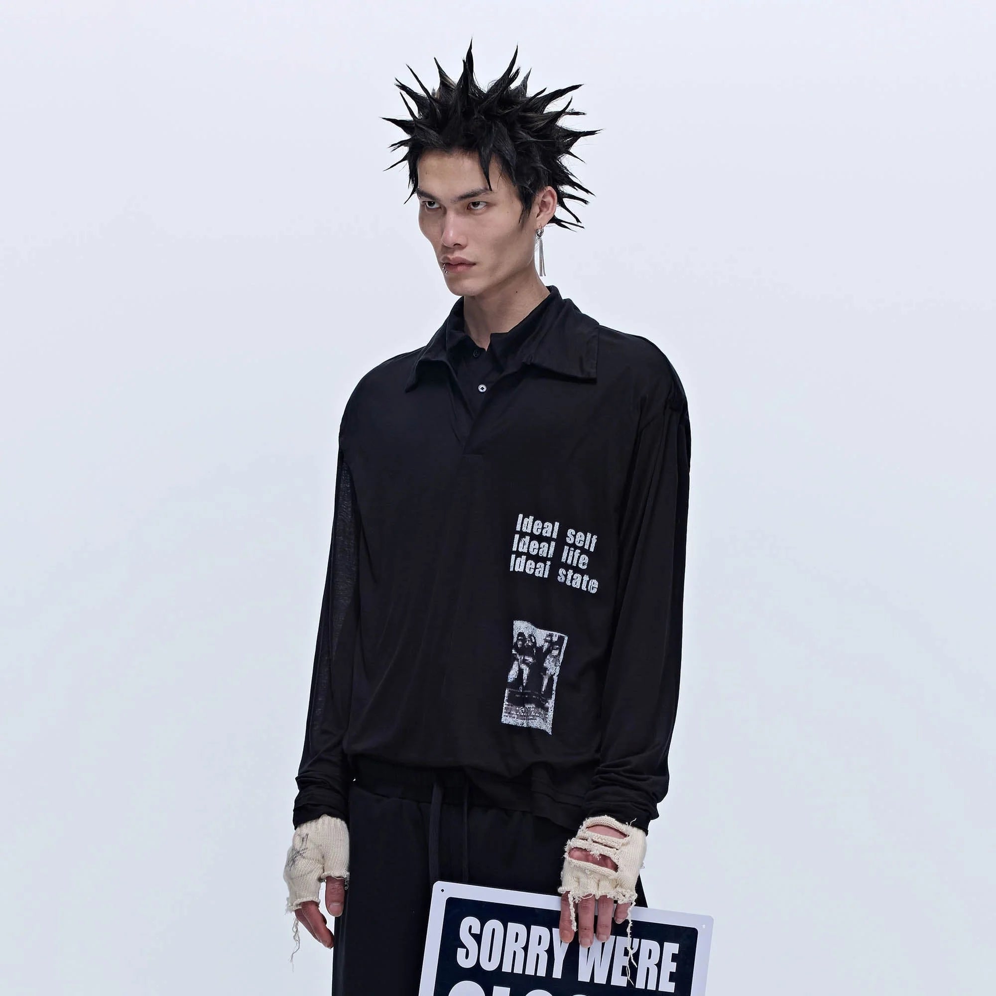SAVAGEGROWTHWORLD Layered-Collar Slogan Polo Long-Sleeve T-Shirt