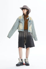ERROR CODE ROBOT Distressed Washed Cropped Biker Denim Jacket