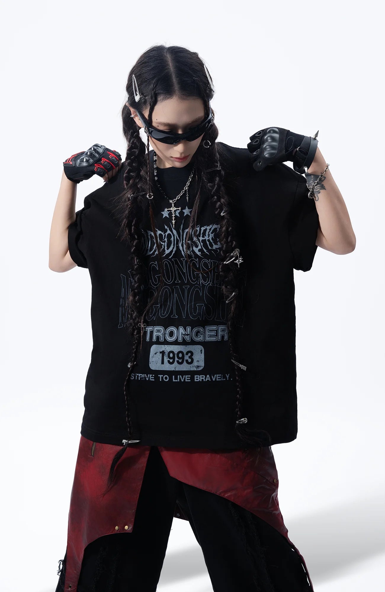 MOGONGSHE Detachable PU Drape  Frayed Cross Jeans