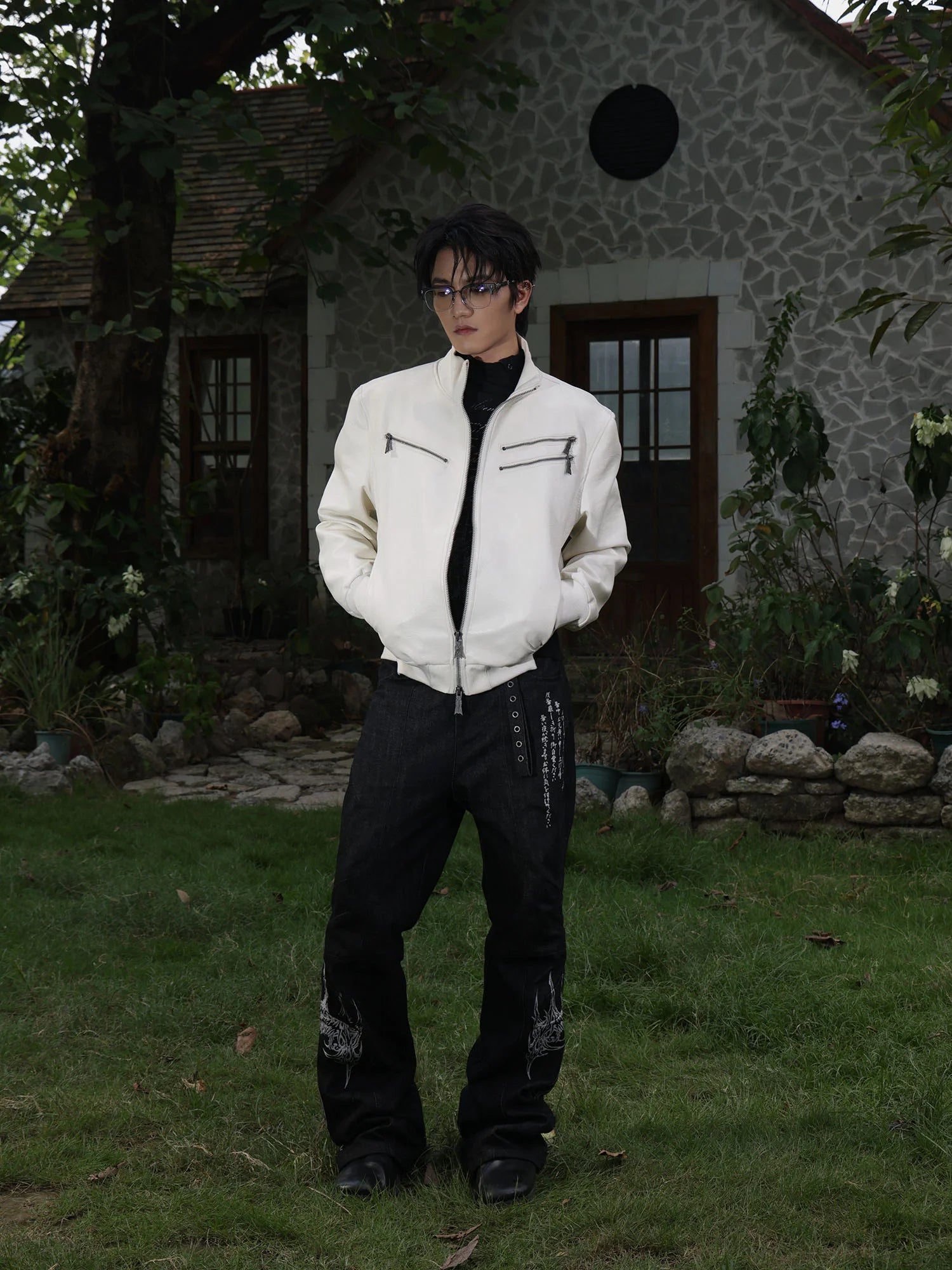 FLYERRER Thorned Eye Graphic Faux Leather Jacket
