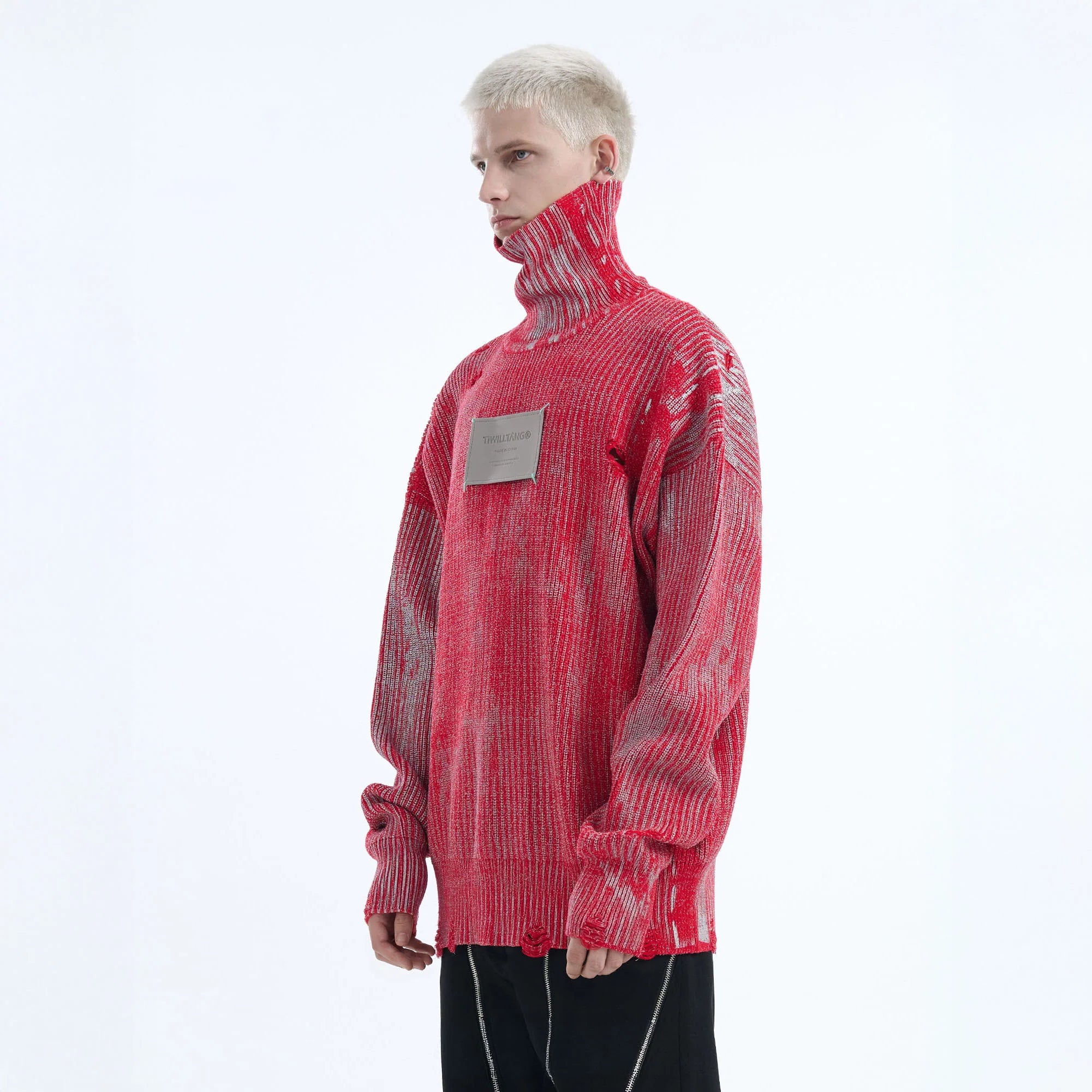 TIWILLTANG Distressed Foil High-Neck Sweater