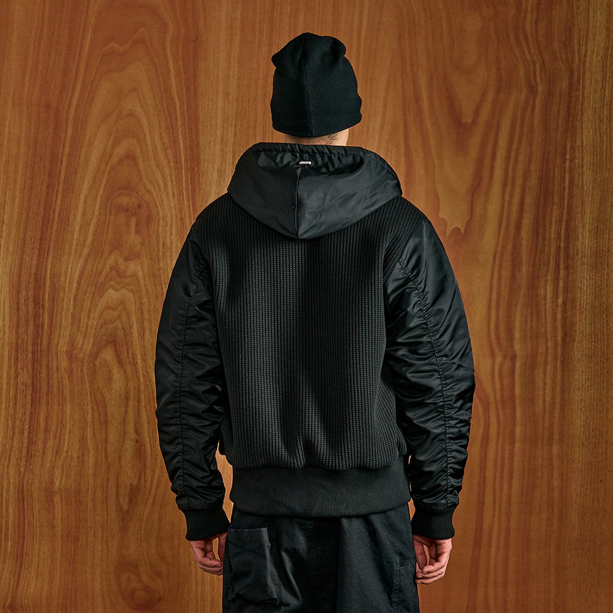 PMW Knitted Panel Ruched-Sleeve Hooded Jacket