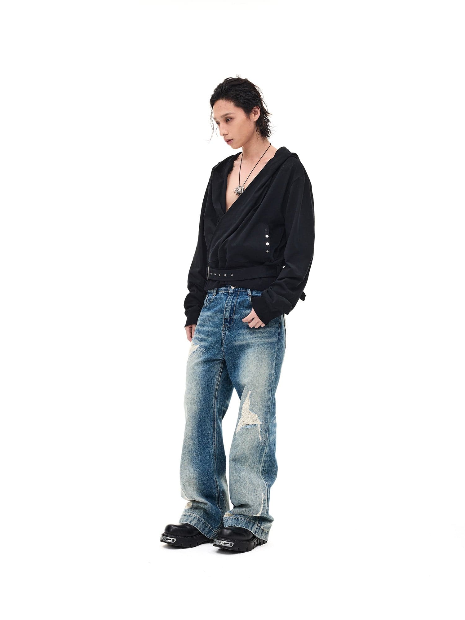 WHISTLEHUNTER Detachable-Belt Deep V-Cut Hardware Hoodie