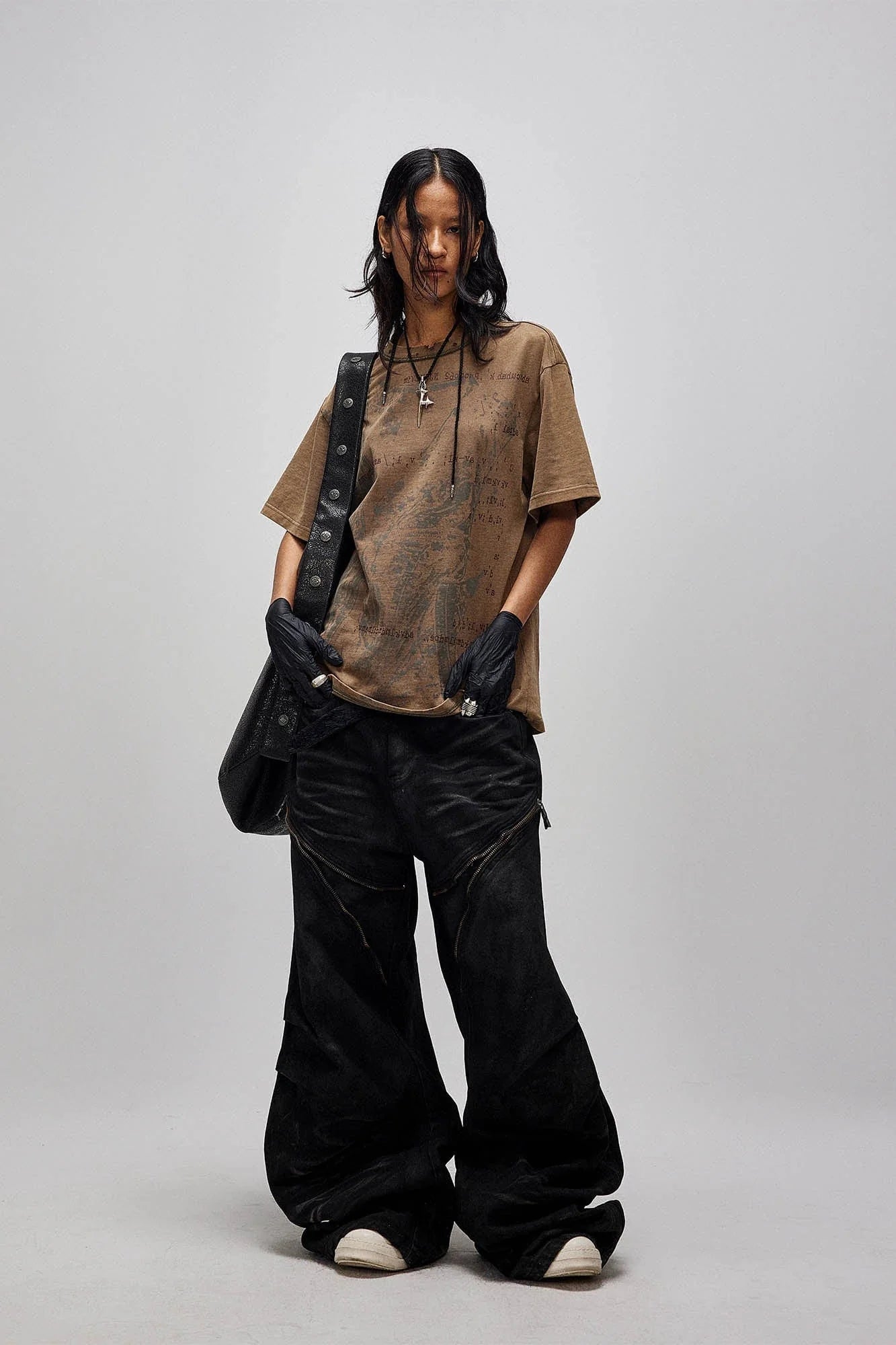 FLYERRER Distressed Waxed Zipper-Paneled Scimitar Pants
