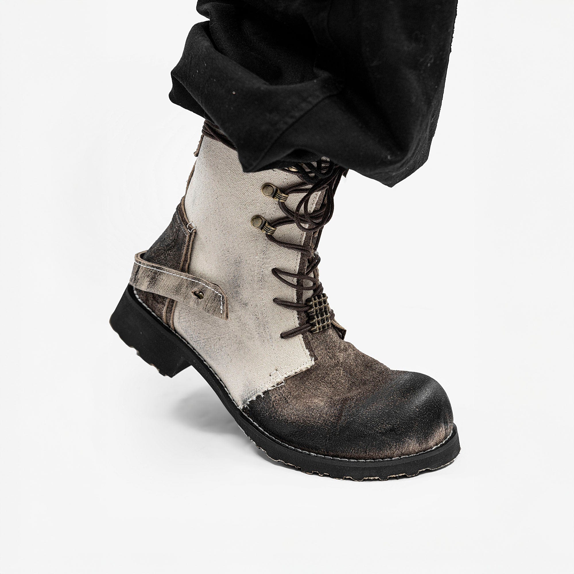 REWRITE Distressed Contrast Canvas-Leather Combat Boots