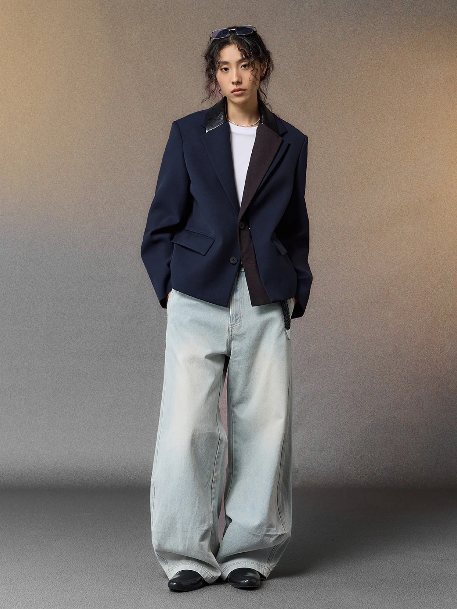 ALVNG AR ANTS Contrast PU-Panel Layered-Placket Blazer