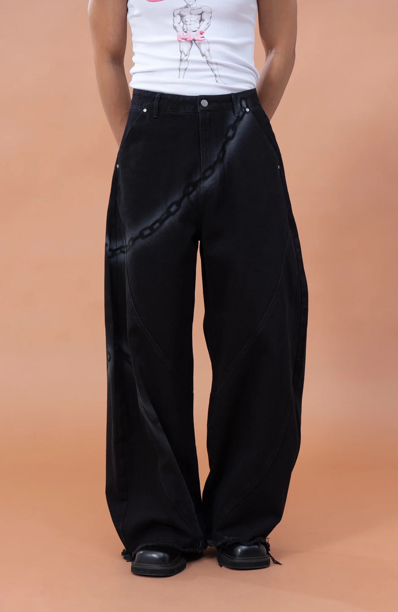 CLP Chain Graphic Frayed Curved-Leg Jeans
