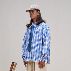 UNLIMITED MOTE Plaid Linen-Blend Half-Open Collar Shirt Blue