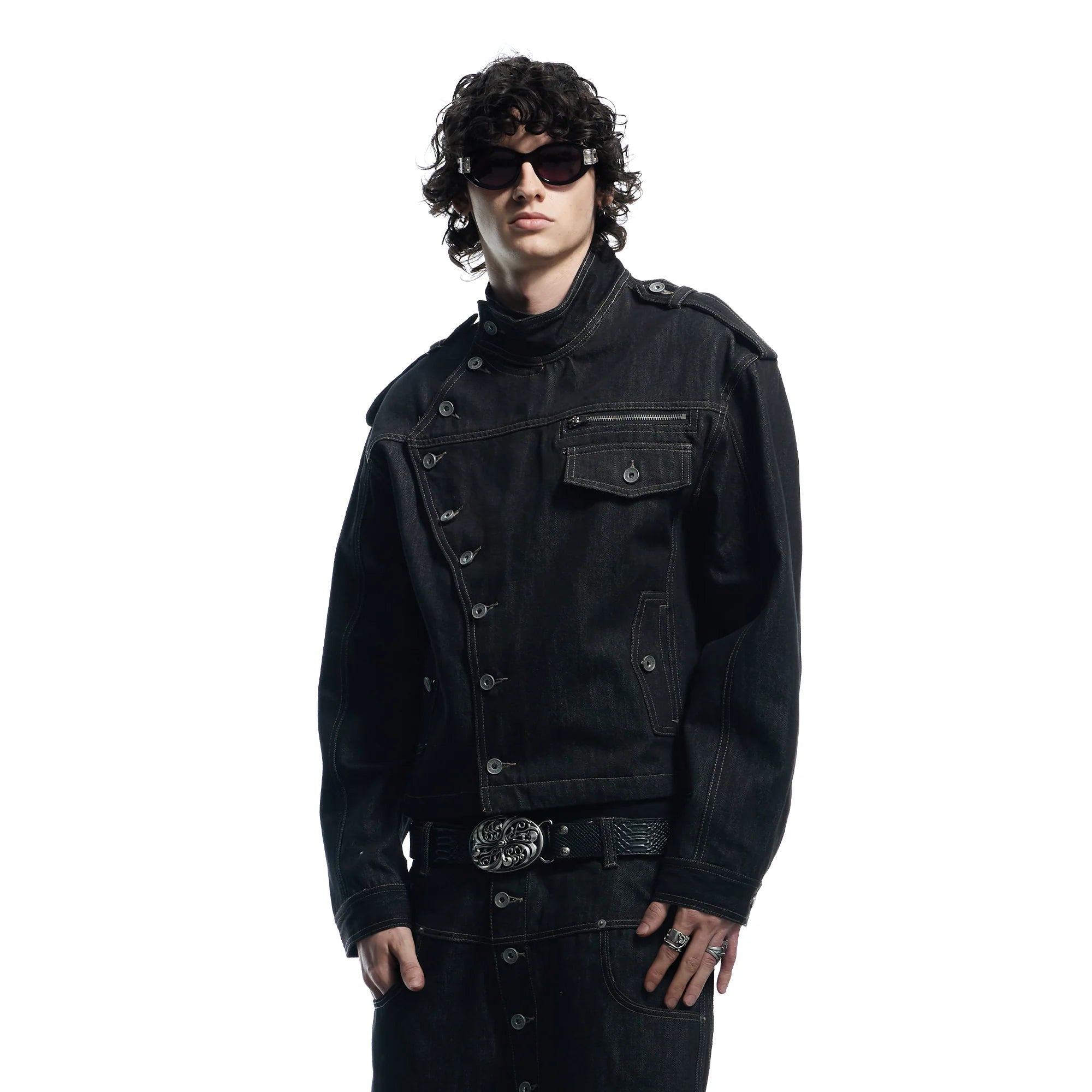 DND4DES Asymmetric Button Stand Collar Raw Denim Jacket