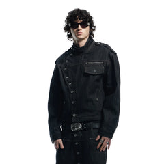 DND4DES Asymmetric Button Stand Collar Raw Denim Jacket