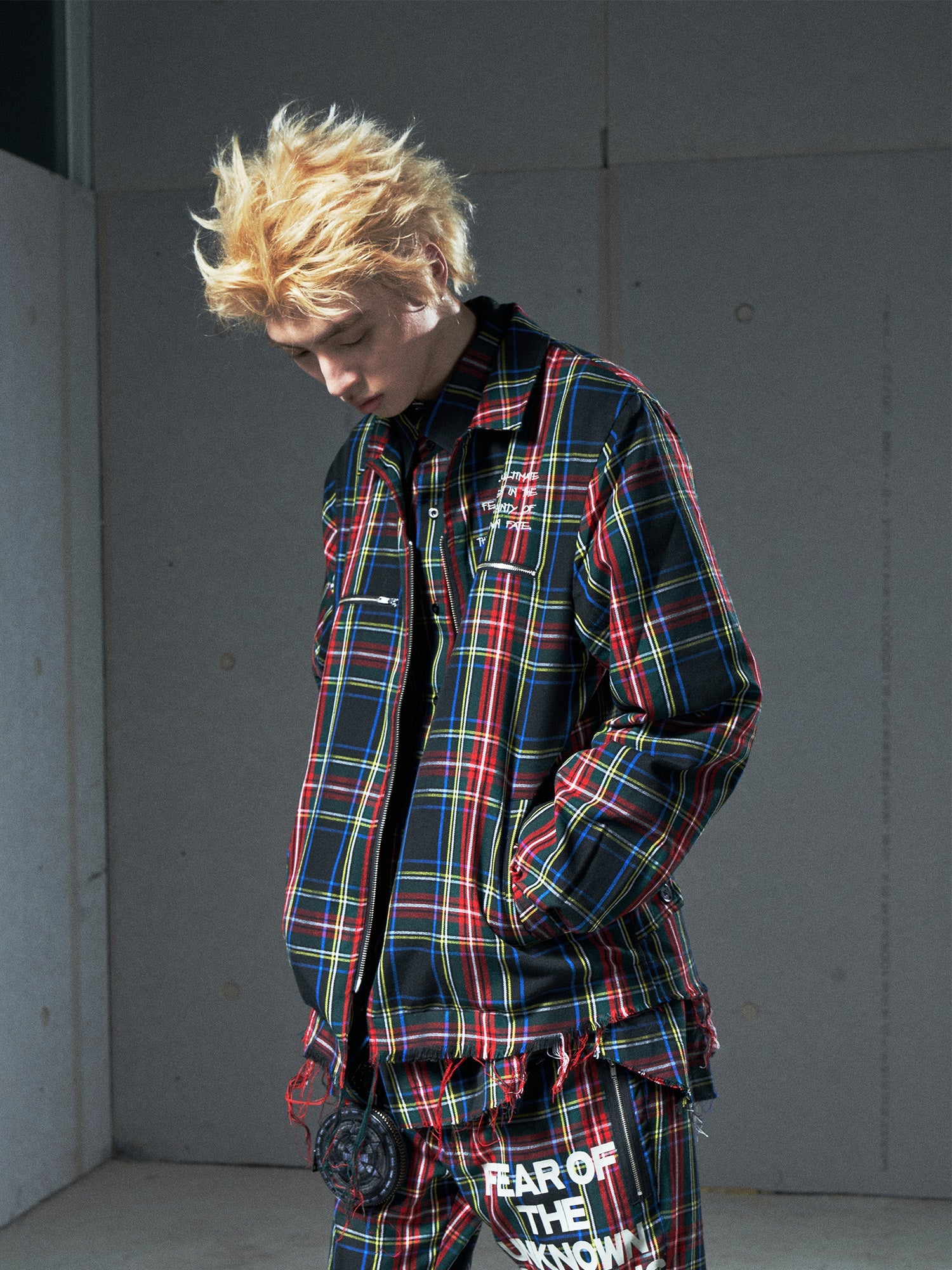 VENTUREK Punk Frayed Plaid Embroidered Jacket