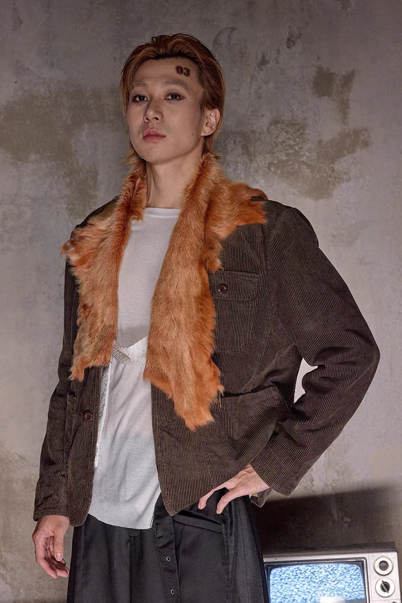 NOTHINGNESS WORLD Faux Fur Lapel Corduroy Blazer Jacket