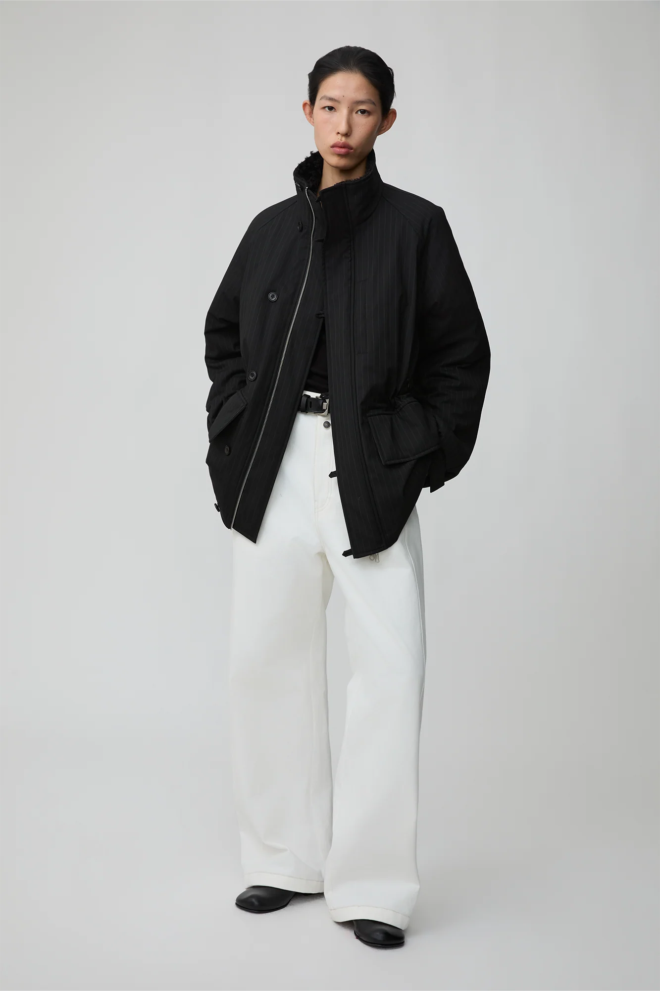 OPICLOTH Pinstriped Faux Fur-Lined Drawstring Jacket