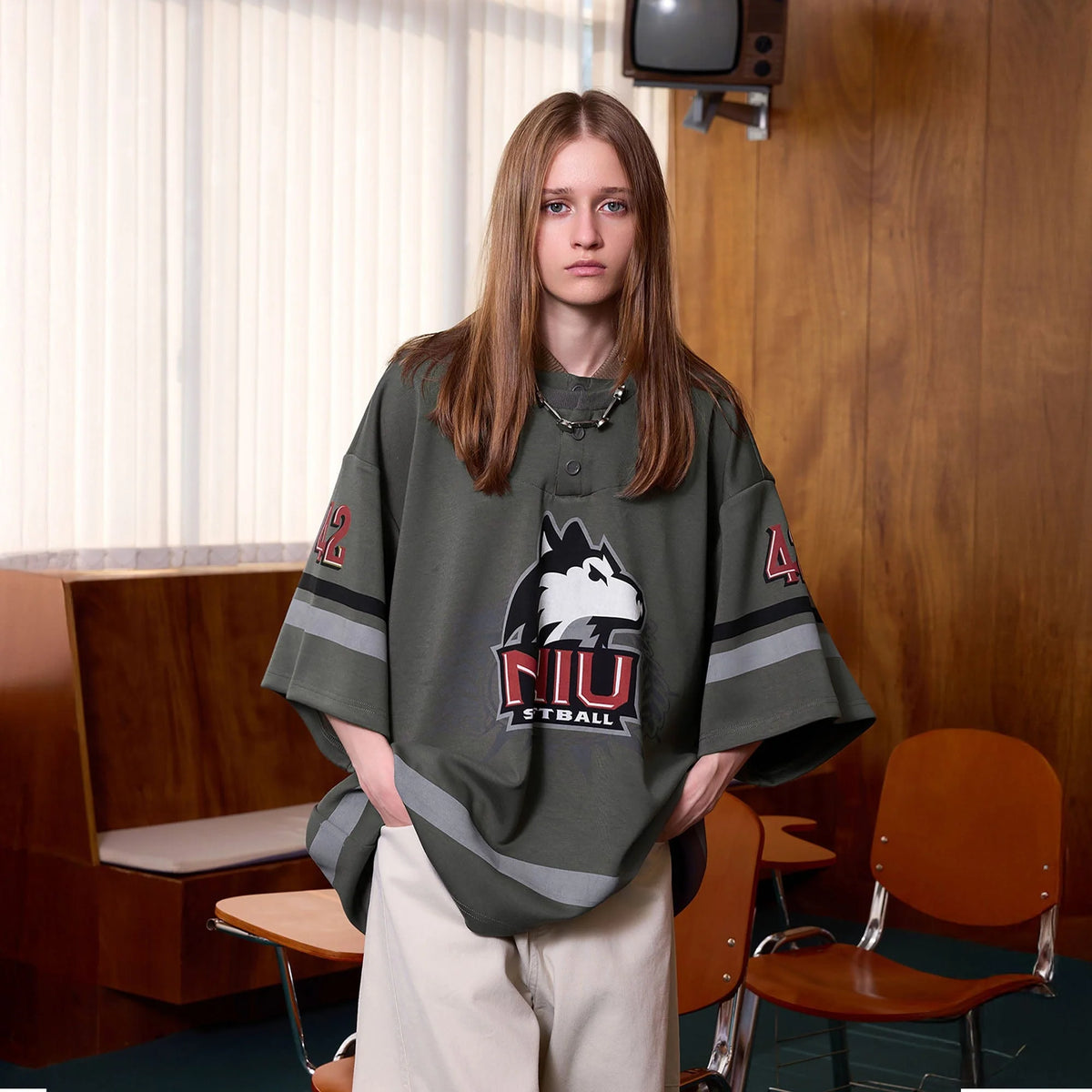 ERROR CODE ROBOT Varsity Layered Collar Oversized Huskie Tee
