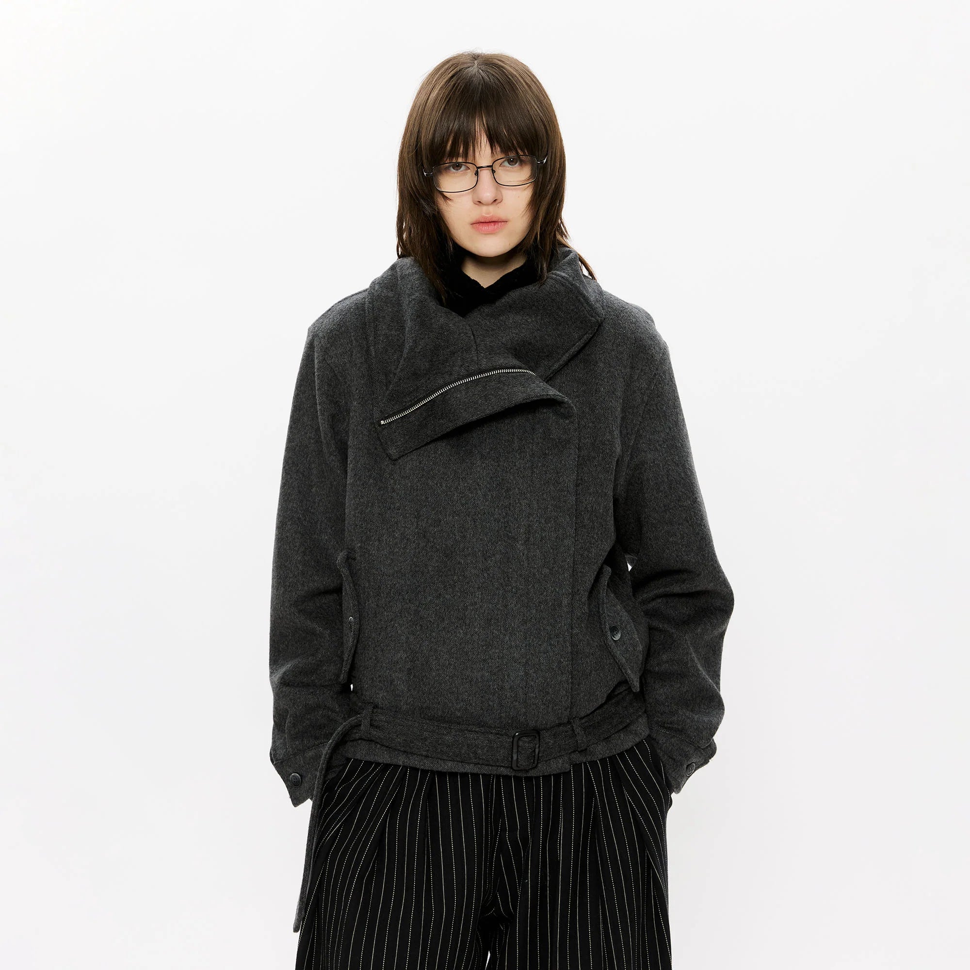 KREATE Asymmetrical Funnel-Neck Wool-Blend Jacket