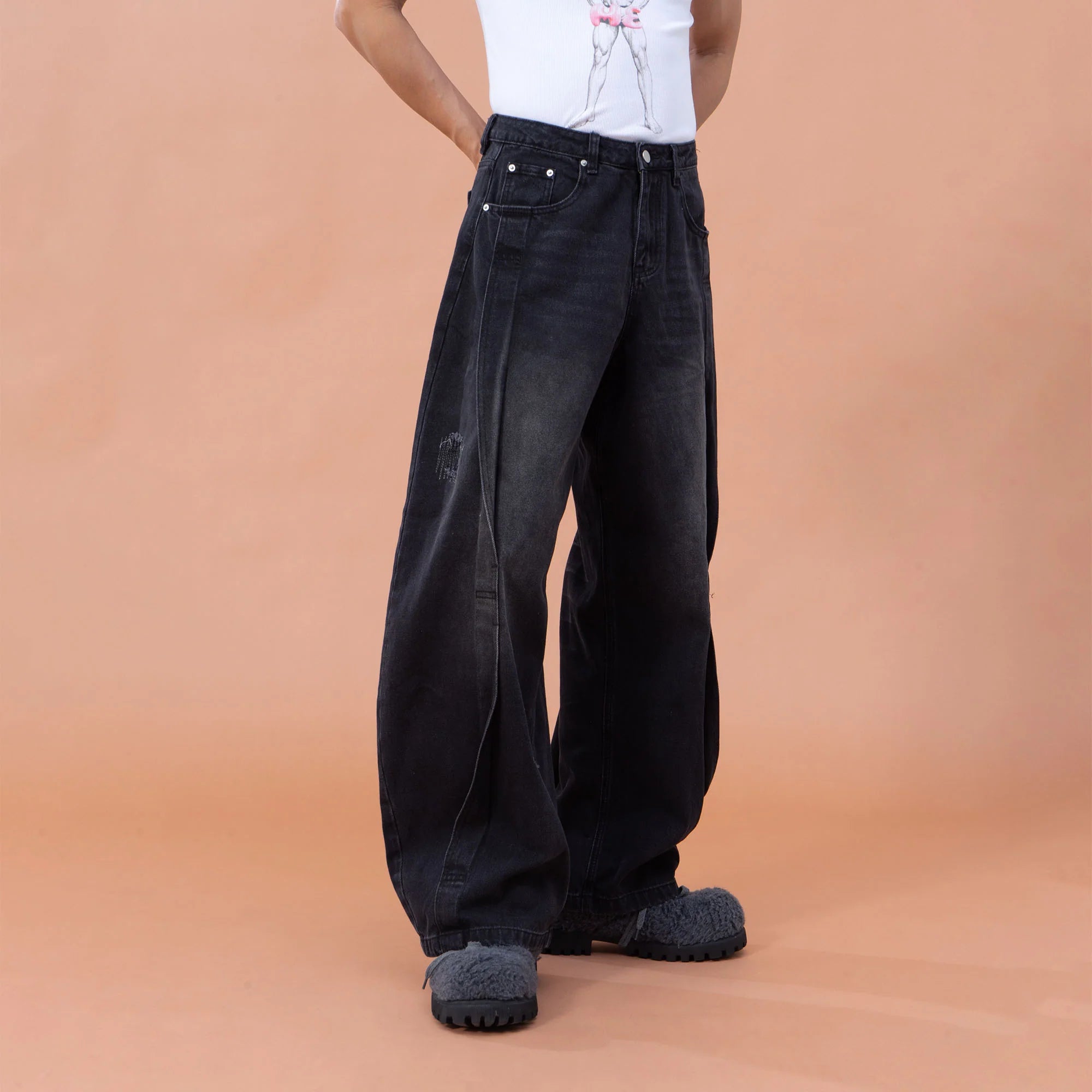 CLP Pleated Knee Wide-Leg Denim Pants