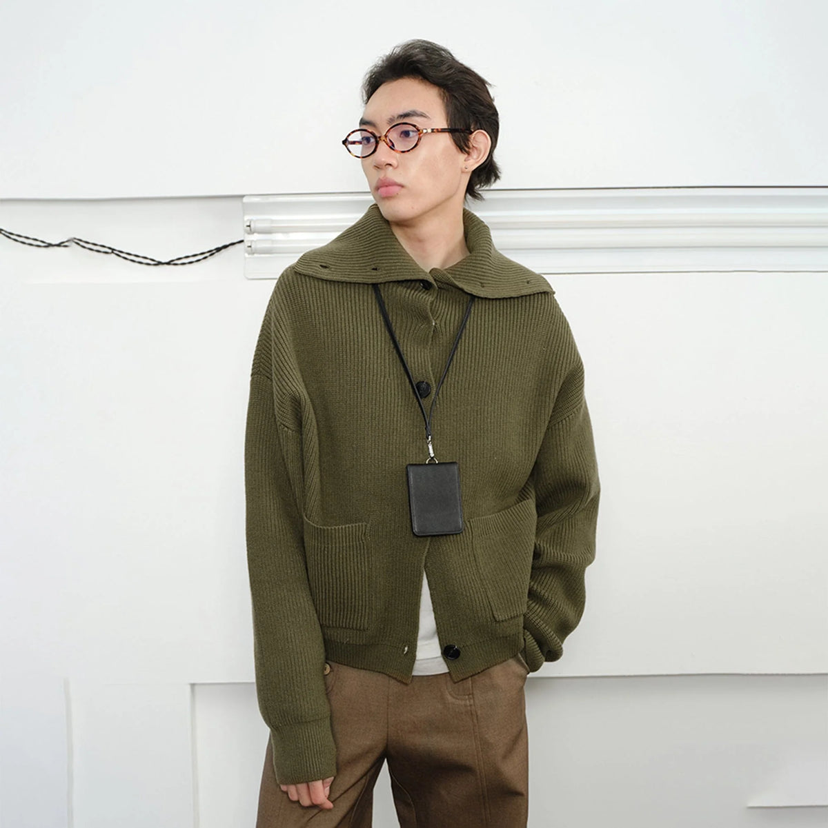 KREATE High-Collar Big-Pocket Button-Up Knitted Jacket