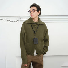 KREATE High-Collar Big-Pocket Button-Up Knitted Jacket