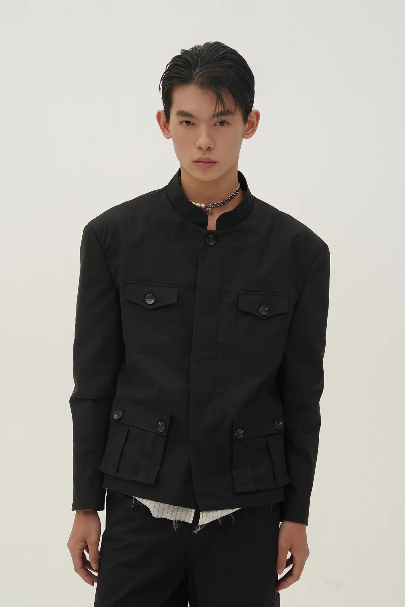 ORAL UTOPIA Faux Layered Hem Mandarin Collar Jacket